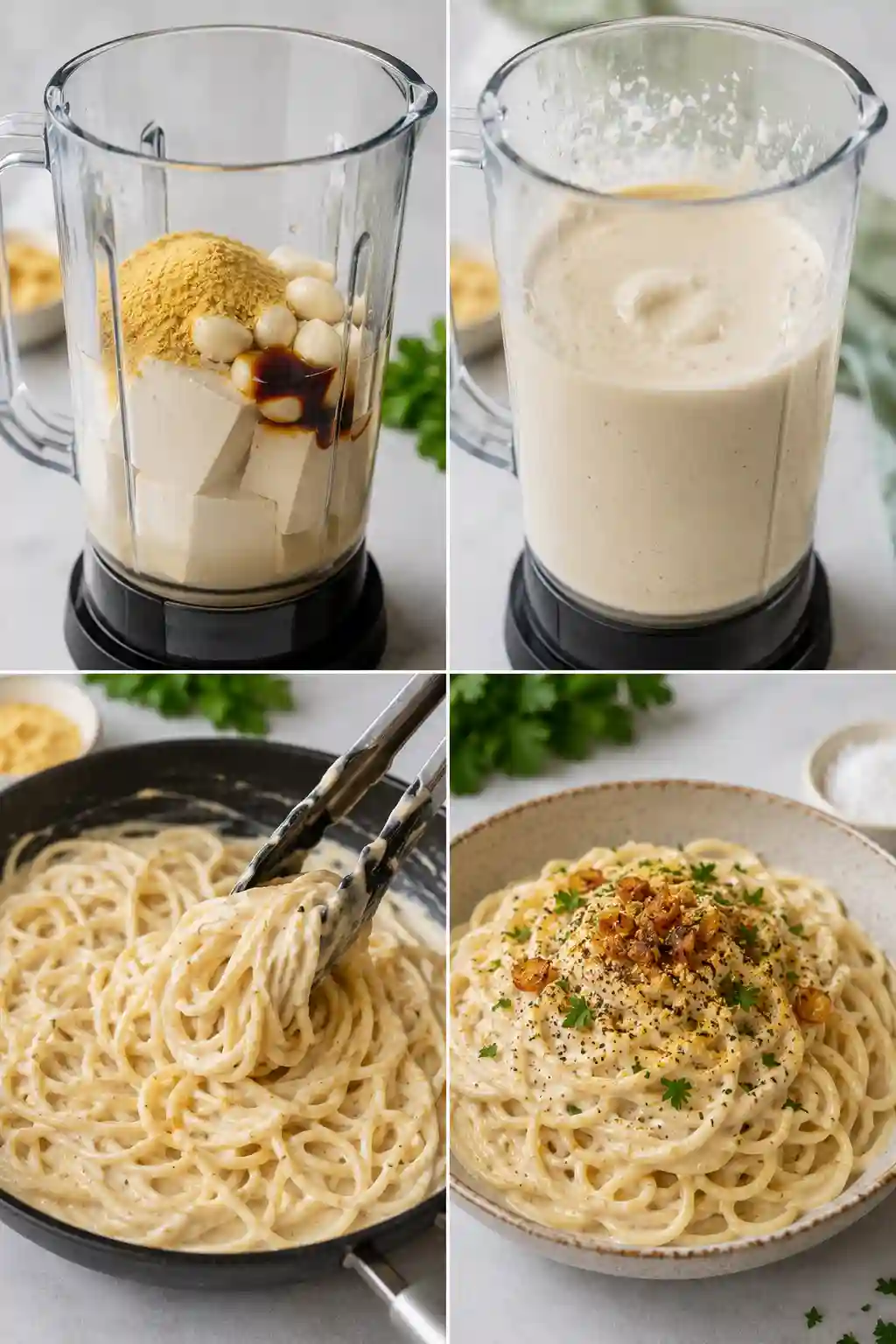 Step by step process for making Protein Packed Vegan Alfredo Pasta Sauce using blended silken tofu, nutritional yeast, garlic, and chickpea spaghetti