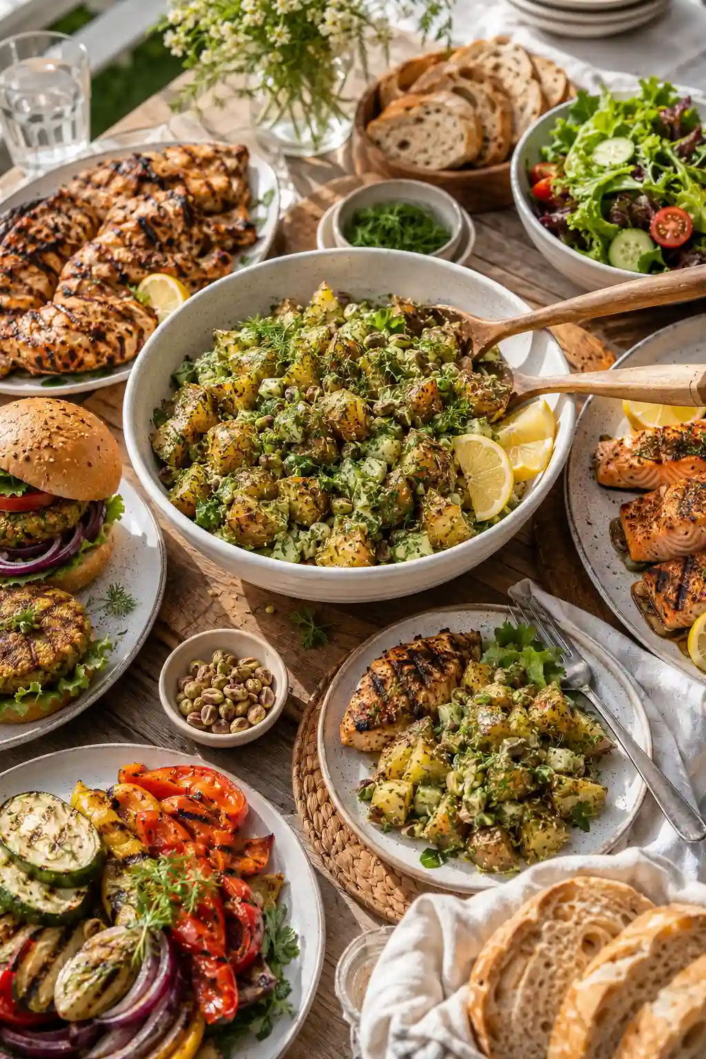 Herbed Roasted Potato Salad Recipe served with grilled chicken, salmon, veggie burgers, roasted vegetables, fresh salad, and artisan bread for a complete meal.