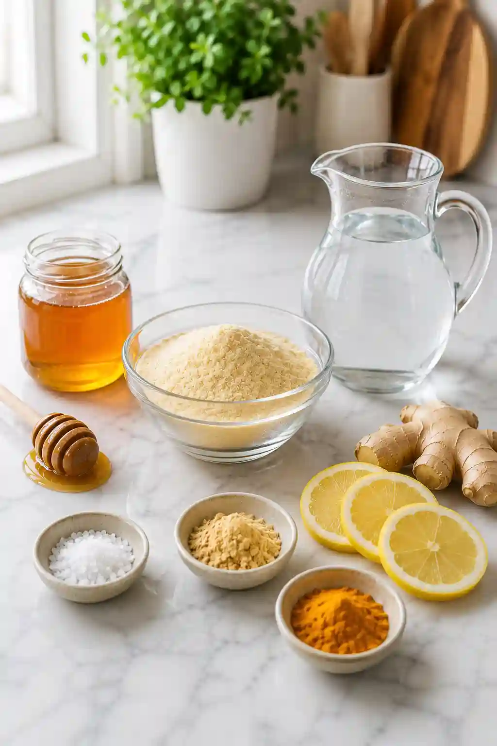 Horse Gelatin Trick Recipe Ingredients Ingredients for the Horse Gelatin Trick Recipe for Men including horse gelatin powder, honey, warm water, sea salt, ginger, turmeric, and fresh lemon slices.
