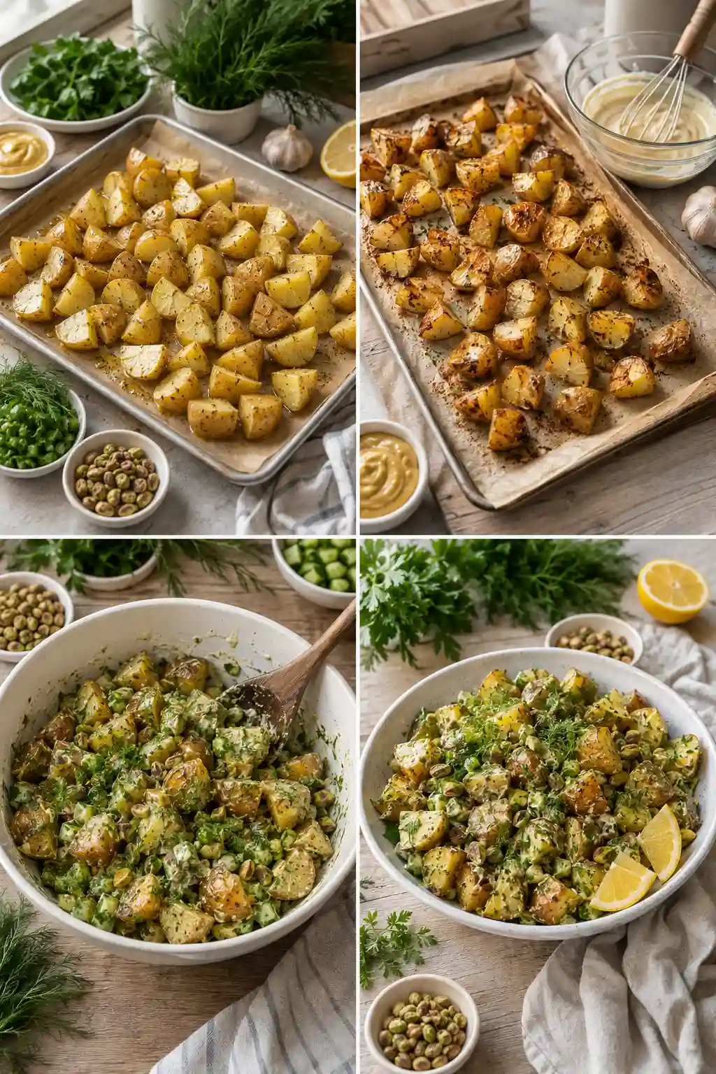 Step-by-step guide showing how to make Herbed Roasted Potato Salad Recipe, from roasting potatoes to mixing with fresh herbs and creamy mustard dressing.