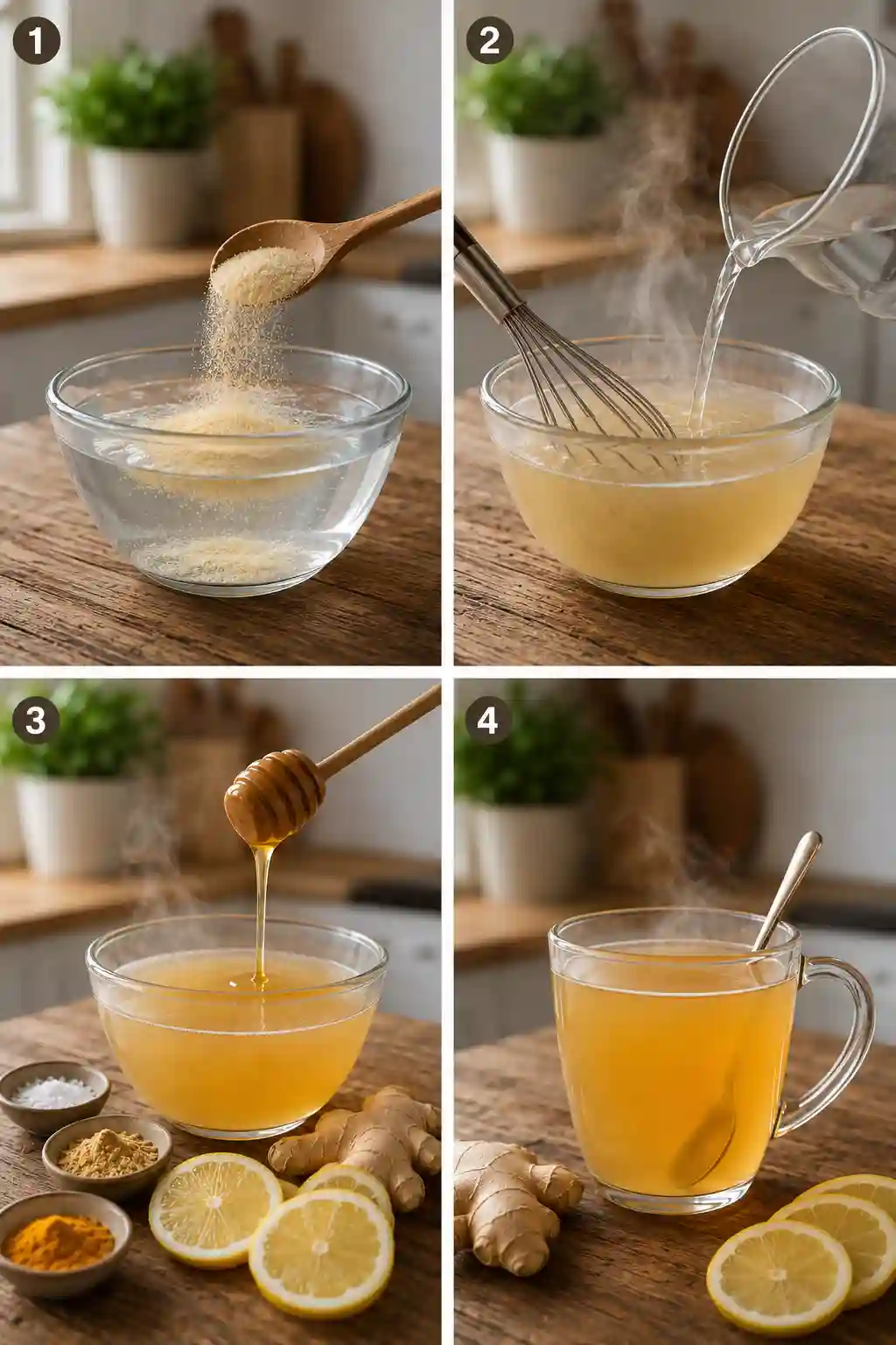 How to Make Horse Gelatin Trick Recipe Step by Step Four-step guide showing how to make the Horse Gelatin Trick Recipe for Men by blooming gelatin, mixing with warm water, adding honey, and serving the finished drink.