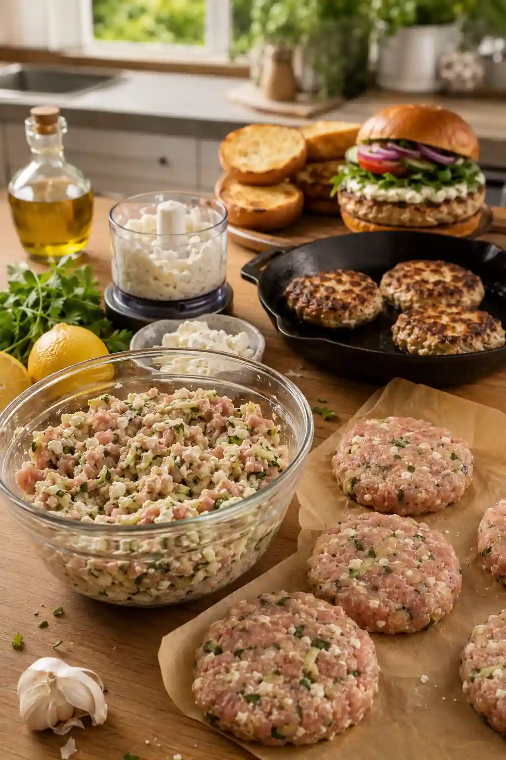 Mediterranean Turkey Burger with Whipped Feta preparation showing mixed turkey, shaped patties, whipped feta, and cooked burgers.
