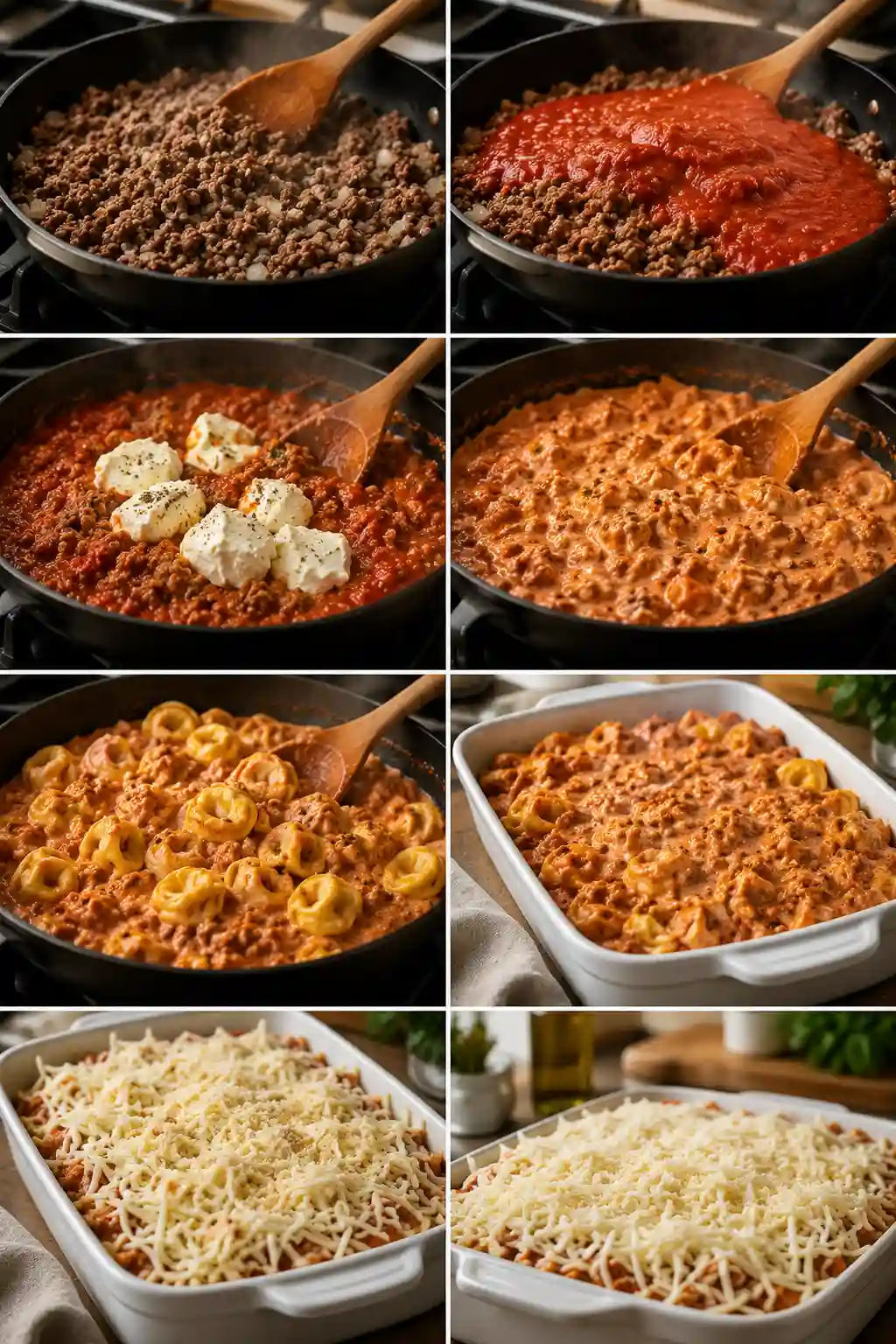 How to Make Million Dollar Baked Tortellini Casserole Step by Step Step by step process of making Million Dollar Baked Tortellini Casserole, from cooking the meat sauce to assembling the casserole with tortellini and cheese before baking.