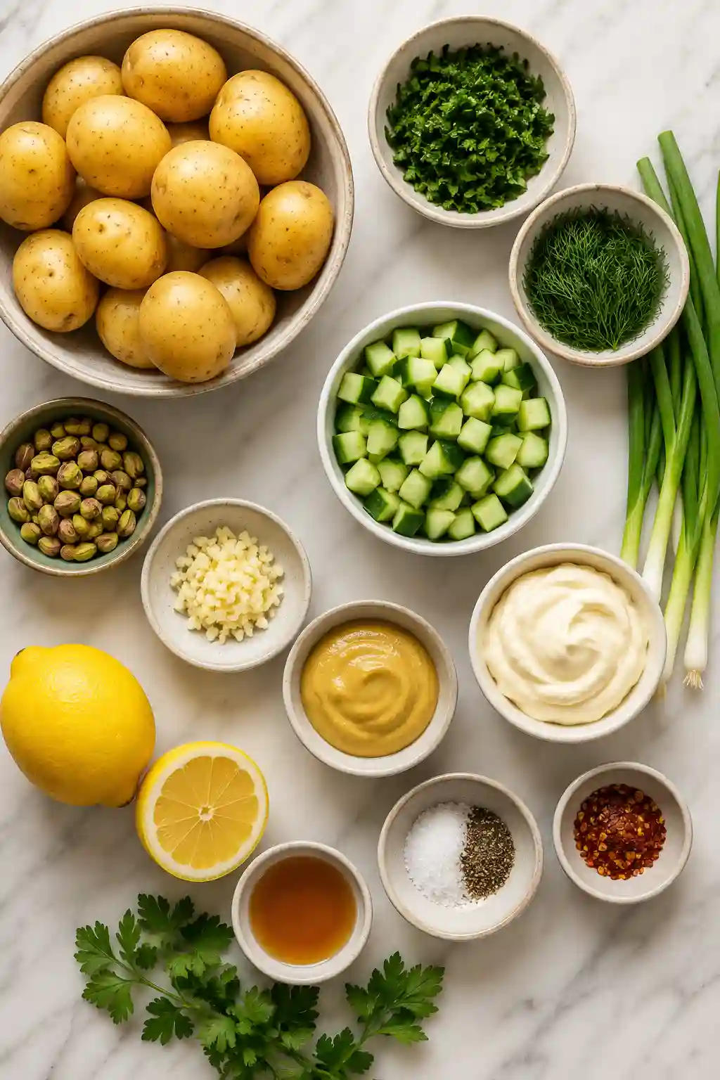 Fresh ingredients for Herbed Roasted Potato Salad Recipe including Yukon Gold potatoes, parsley, dill, cucumber, green onions, pistachios, Dijon mustard, mayonnaise, garlic, lemon, and seasonings.