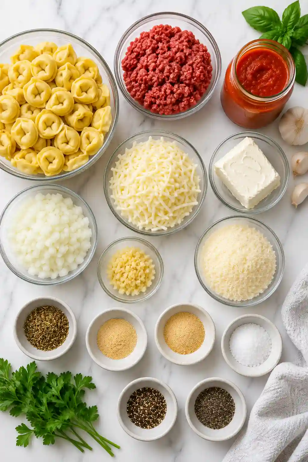 Ingredients for Million Dollar Baked Tortellini Casserole Ingredients for Million Dollar Baked Tortellini Casserole including cheese tortellini, ground beef, marinara sauce, cream cheese, mozzarella, Parmesan, onion, garlic, and seasonings.