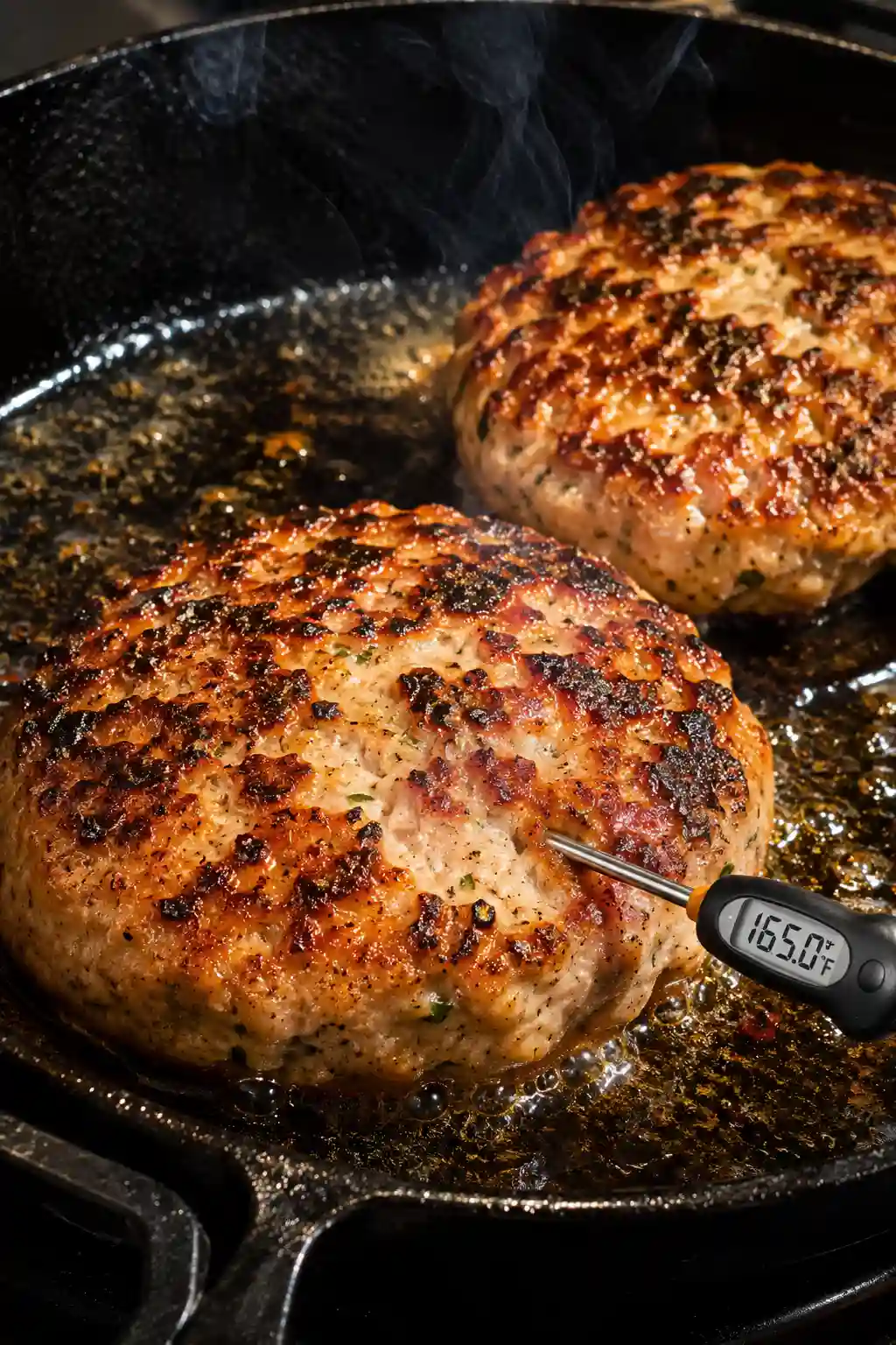 Mediterranean Turkey Burger patties cooking in a cast iron skillet until they reach 165°F