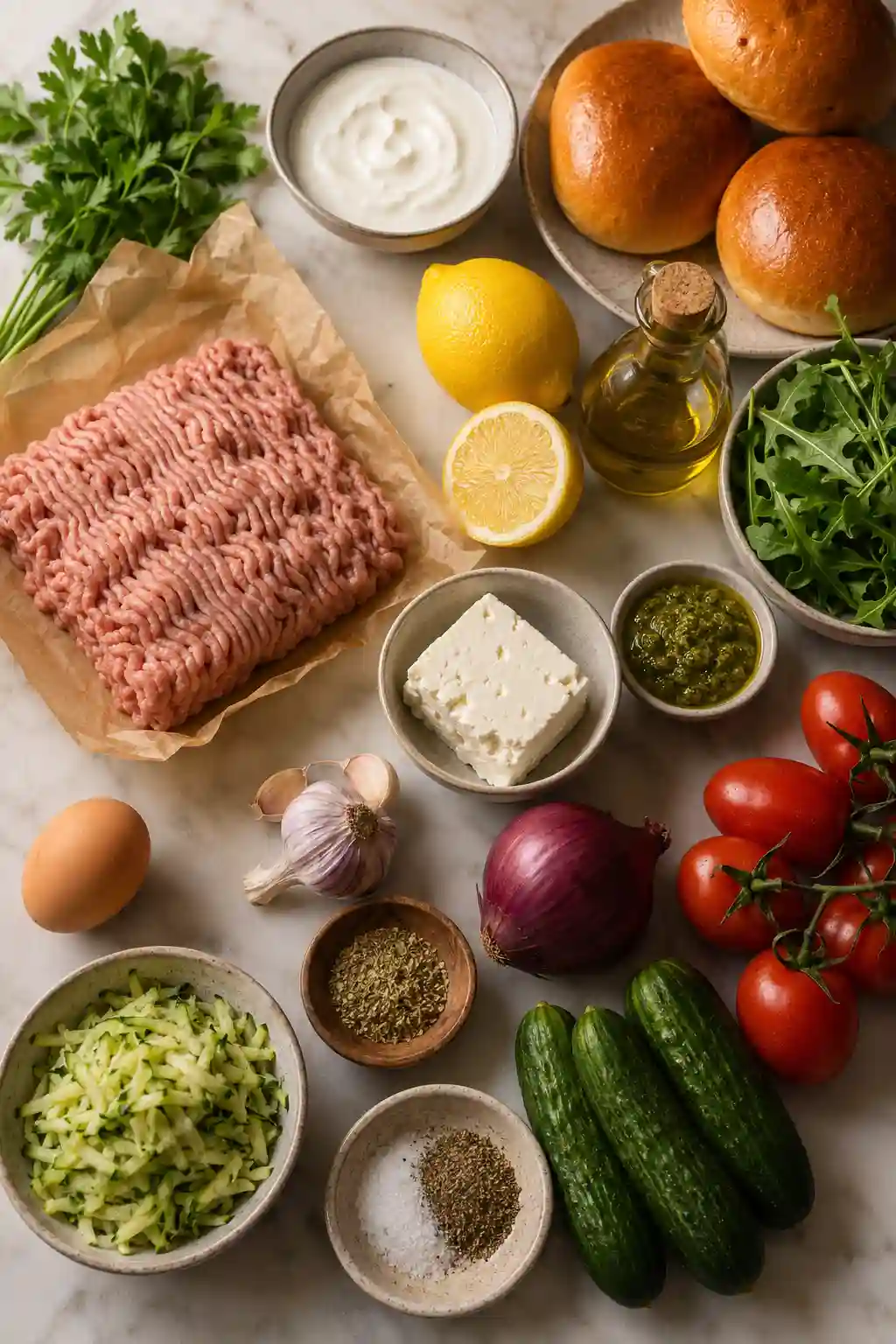 Ingredients for Mediterranean Turkey Burger with Whipped Feta arranged on a marble countertop.