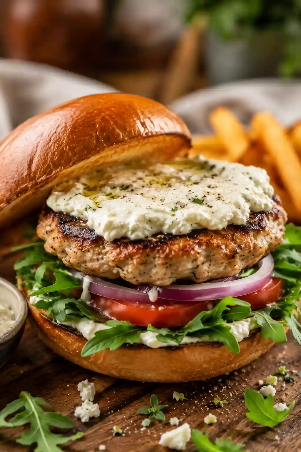 Mediterranean Turkey Burger with Whipped Feta topped with arugula, tomato, red onion, and creamy whipped feta.