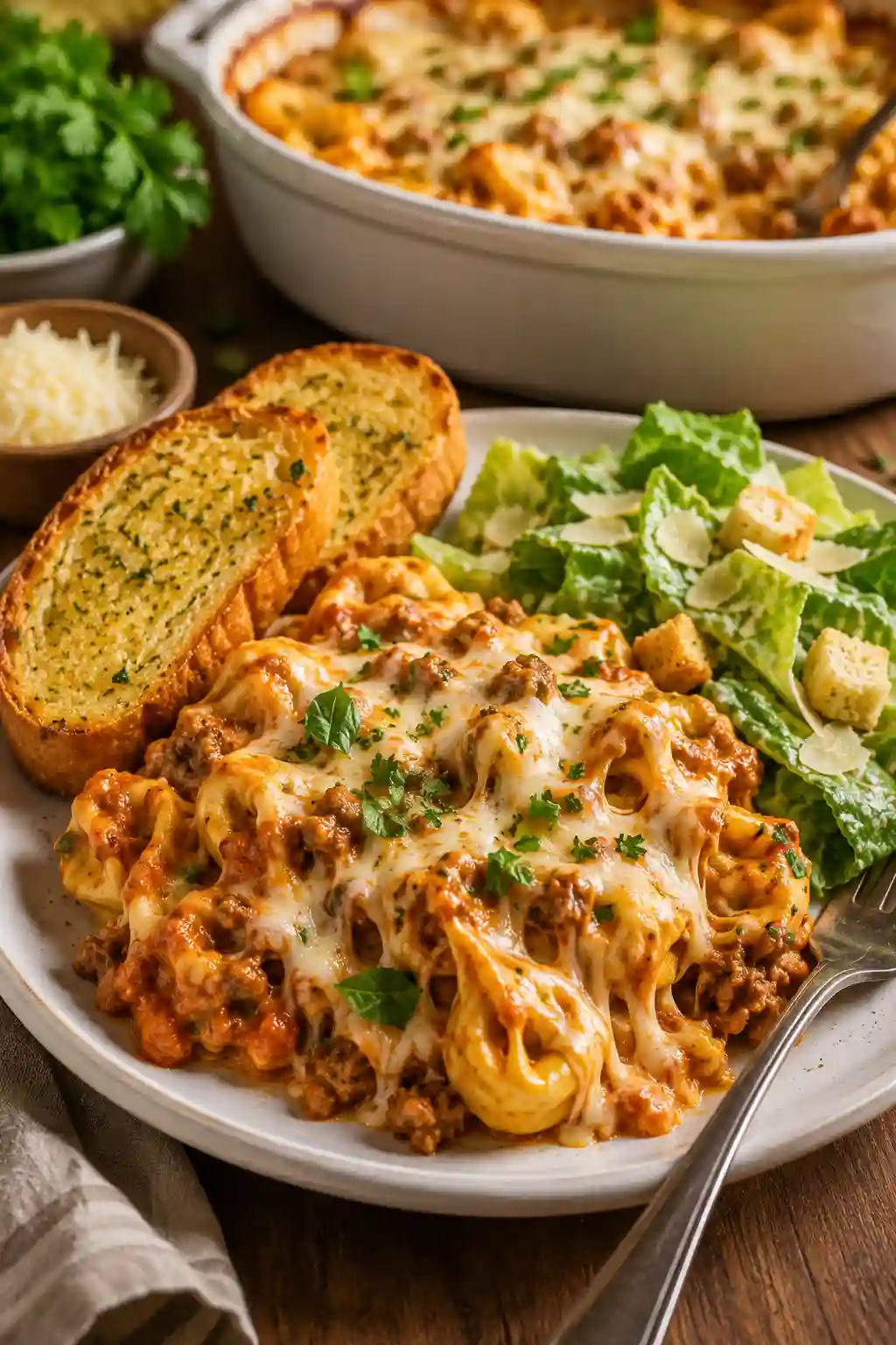 Million Dollar Baked Tortellini Casserole Serving with Garlic Bread and Caesar Salad A plated serving of Million Dollar Baked Tortellini Casserole with melted cheese, garlic bread, and Caesar salad on the side.
