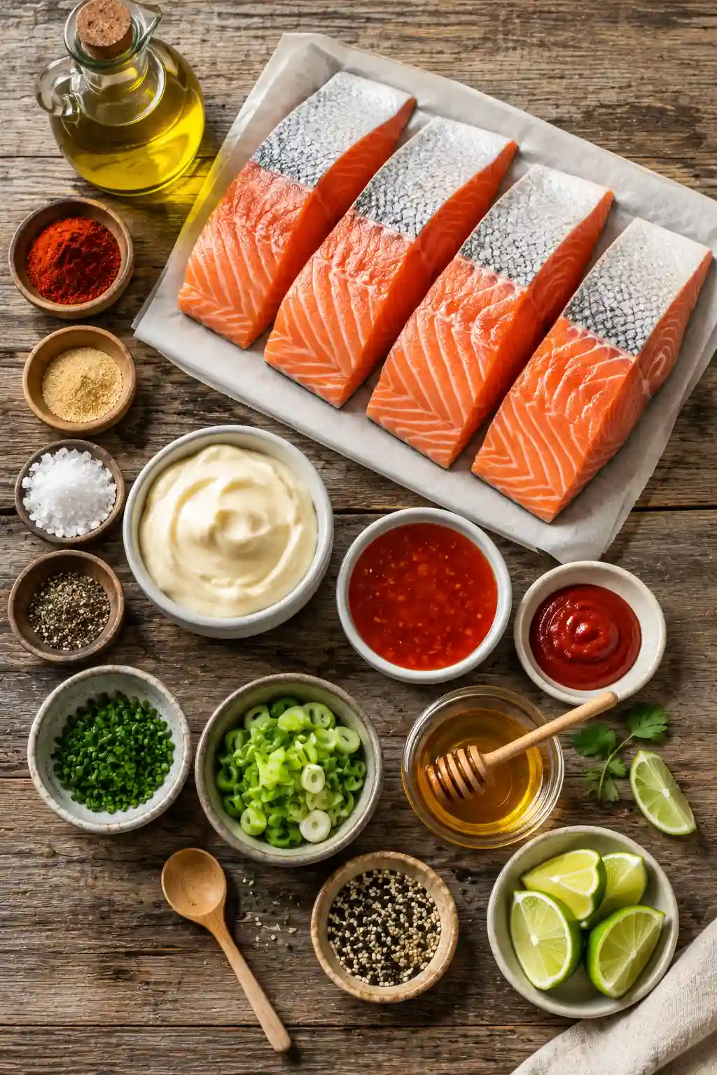 Fresh ingredients for Bang Bang Salmon Recipe including salmon fillets, mayonnaise, Thai sweet chili sauce, honey, sriracha, olive oil, seasonings, chives, green onions, sesame seeds, and lime.