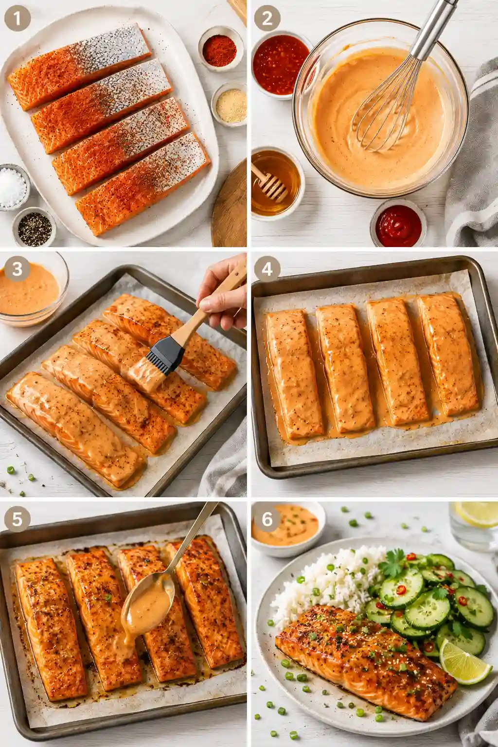 Step by step guide showing how to make Bang Bang Salmon Recipe by seasoning salmon, preparing the sauce, brushing the fillets, baking, drizzling with sauce, and serving with rice and cucumber salad.