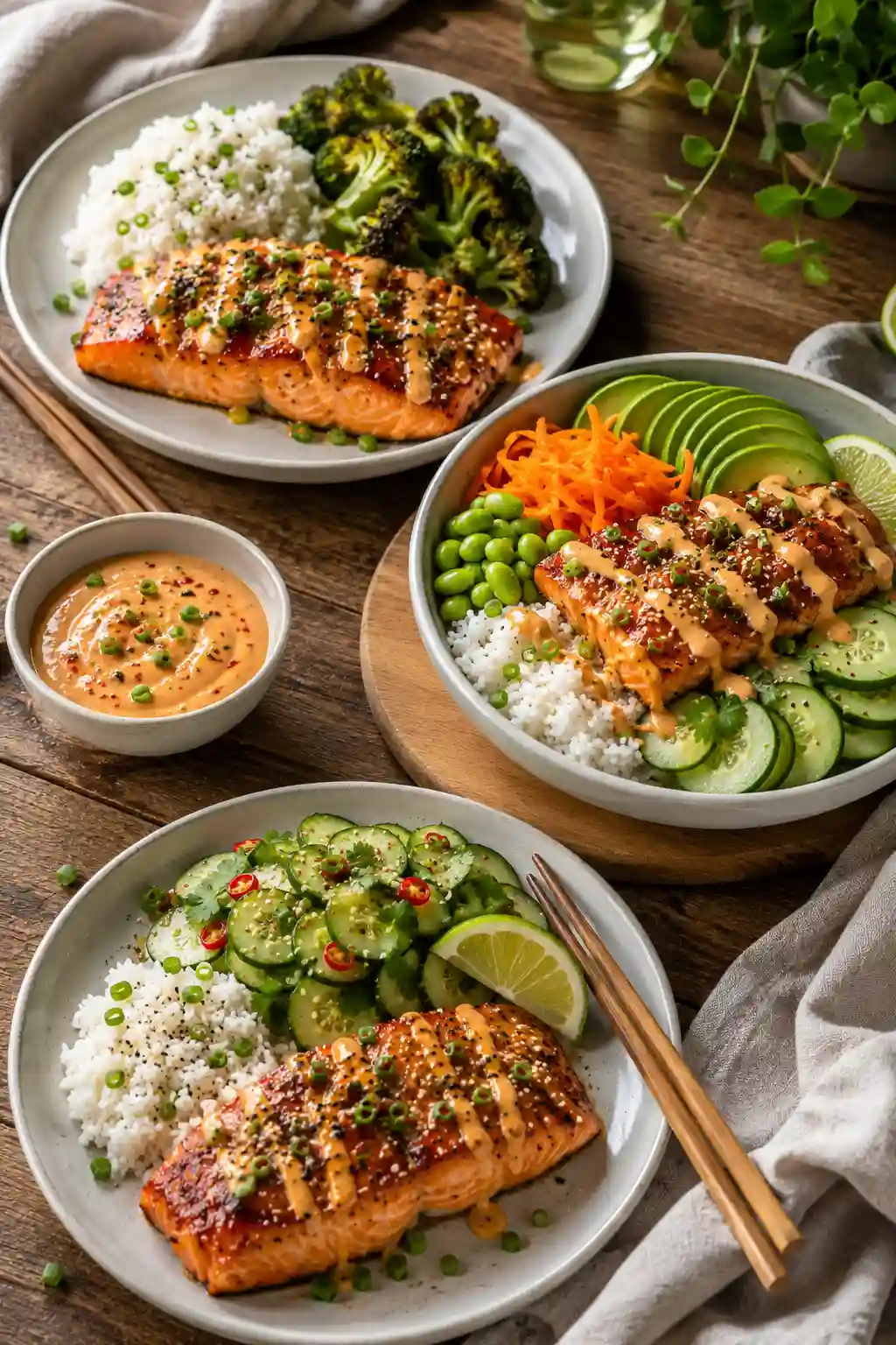 Three ways to serve Bang Bang Salmon Recipe with jasmine rice, roasted broccoli, cucumber salad, avocado, edamame, and homemade bang bang sauce.
