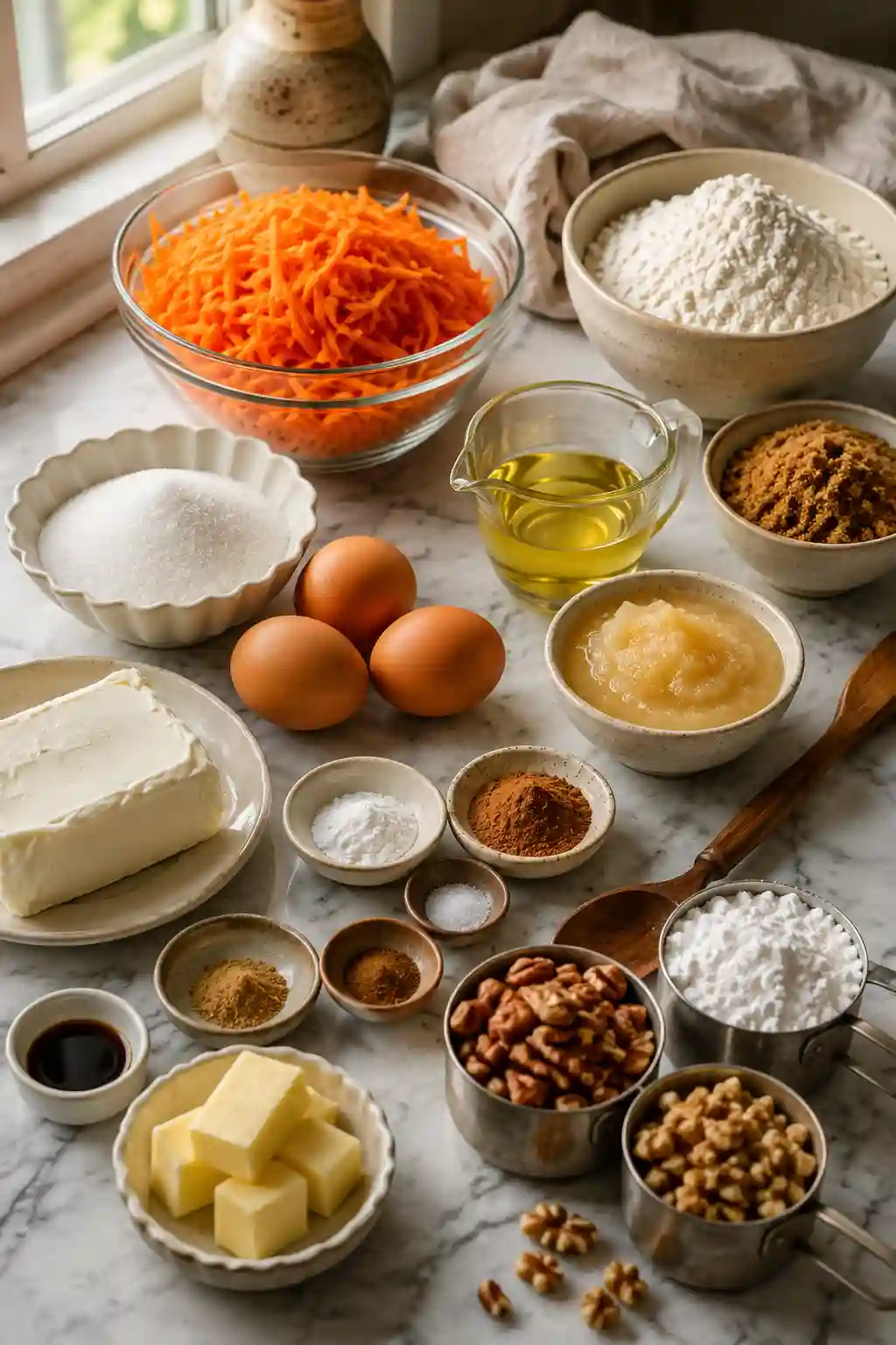 Best Carrot Cake Recipe Ingredients Ingredients for the best carrot cake recipe including grated carrots, flour, eggs, sugar, oil, spices, cream cheese, butter, and chopped nuts.