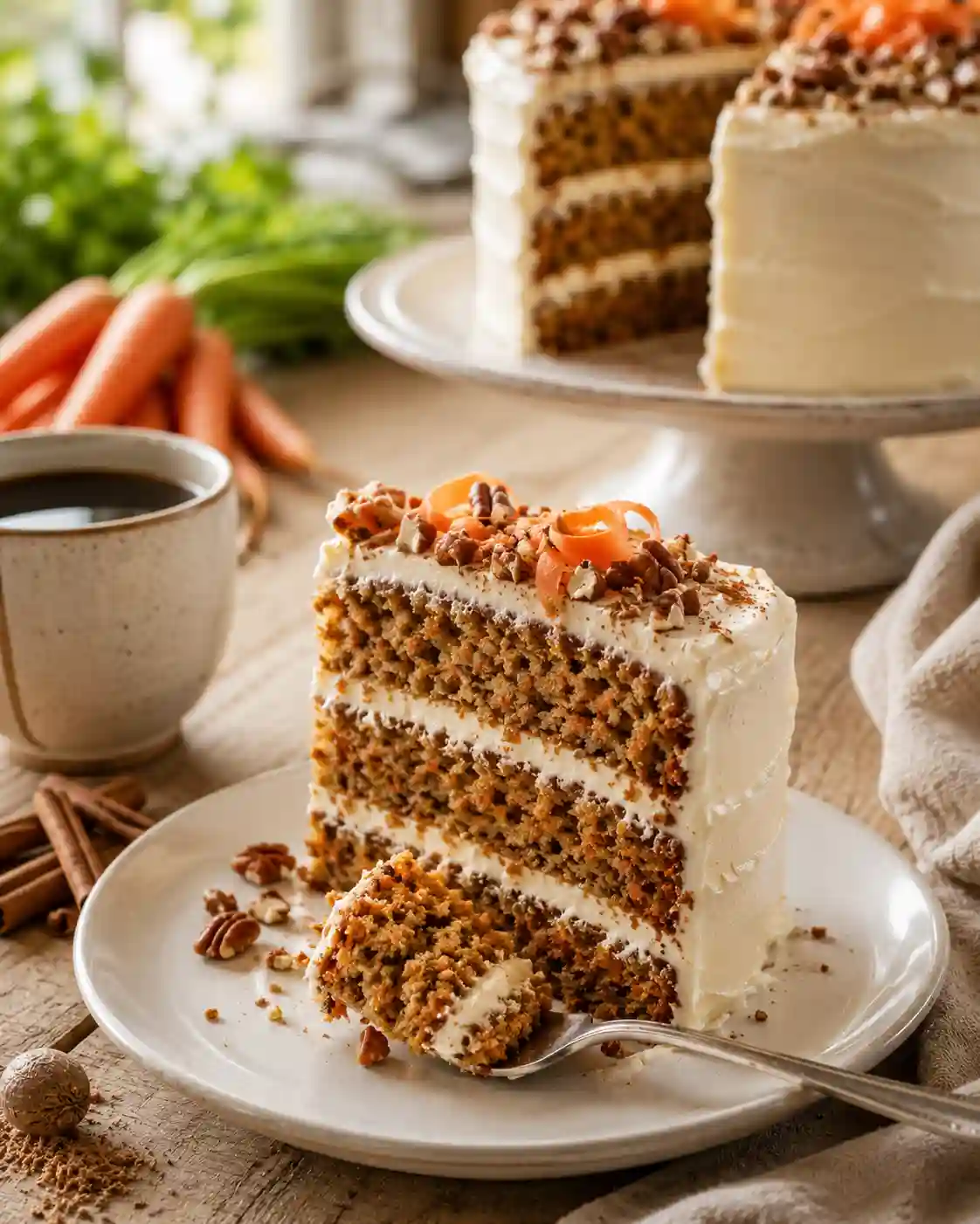 Best Carrot Cake Recipe Serving Slice A moist slice of the best carrot cake recipe with cream cheese frosting served on a plate alongside coffee.