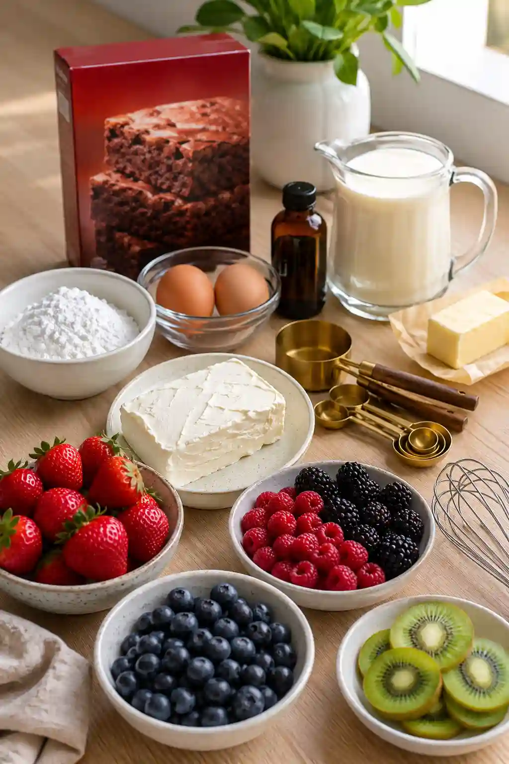 Brownie Fruit Pizza Recipe Ingredients Ingredients for Brownie Fruit Pizza Recipe including brownie mix, cream cheese, fresh strawberries, blueberries, raspberries, blackberries, kiwi, eggs, butter, and powdered sugar.