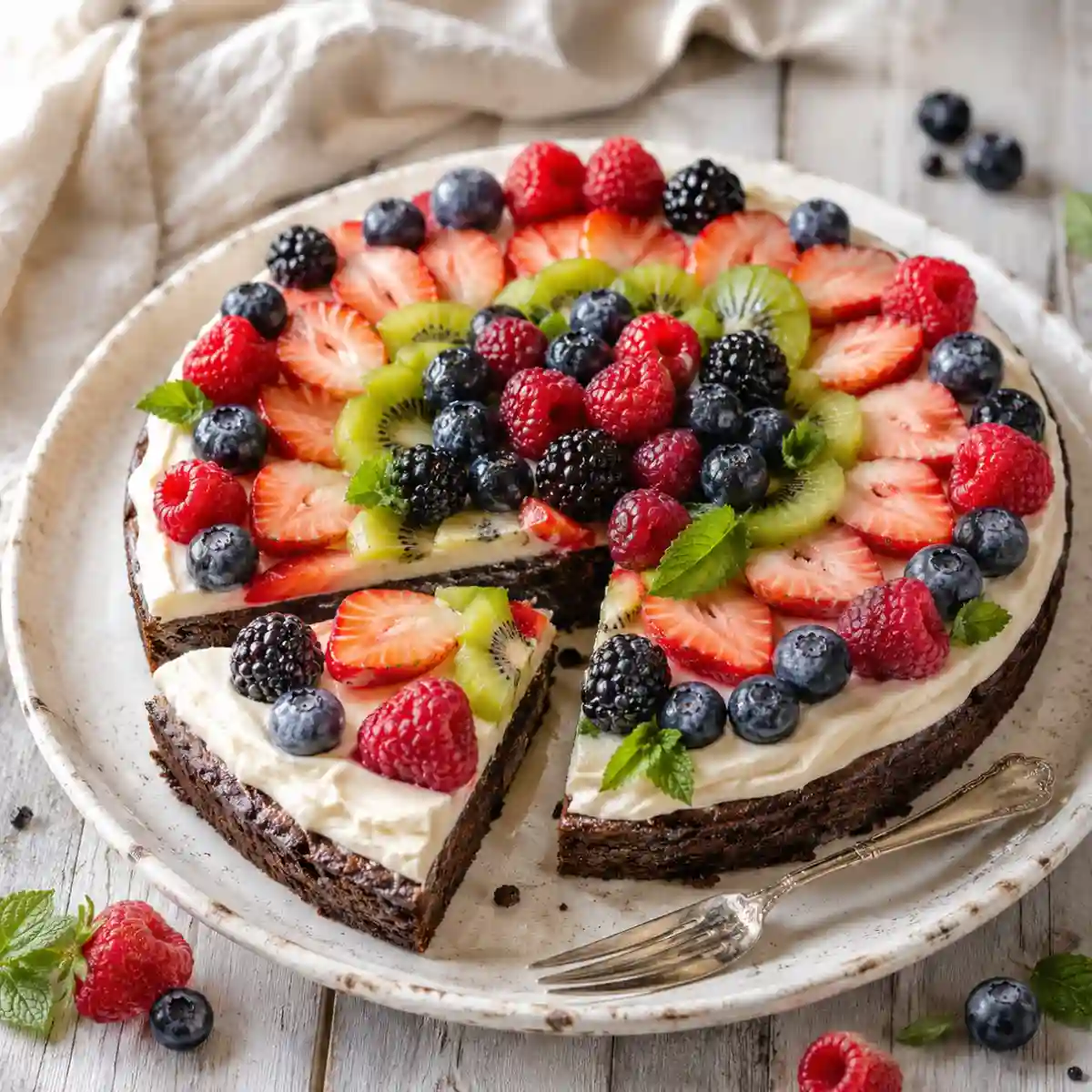 Brownie Fruit Pizza Recipe topped with cream cheese frosting, strawberries, blueberries, raspberries, blackberries, and kiwi slices.