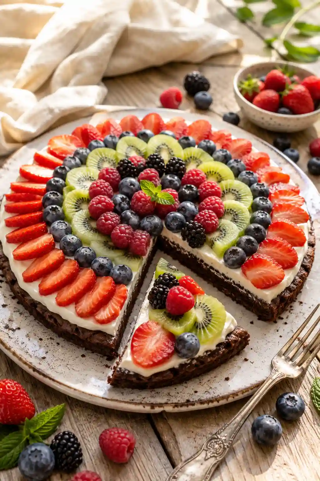 Easy Brownie Fruit Pizza with Cream Cheese Easy Brownie Fruit Pizza with cream cheese frosting, fresh strawberries, blueberries, raspberries, blackberries, and kiwi on a rich chocolate brownie crust.