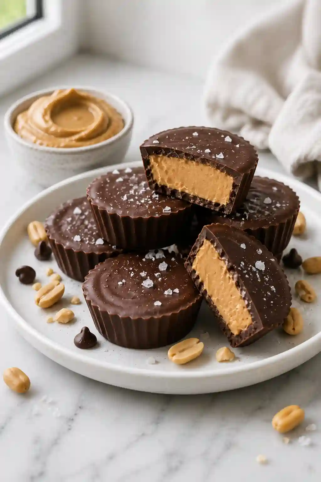 Homemade Monk Fruit Peanut Butter Cups with a creamy peanut butter filling, rich dark chocolate coating, and flaky sea salt served on a white ceramic plate.