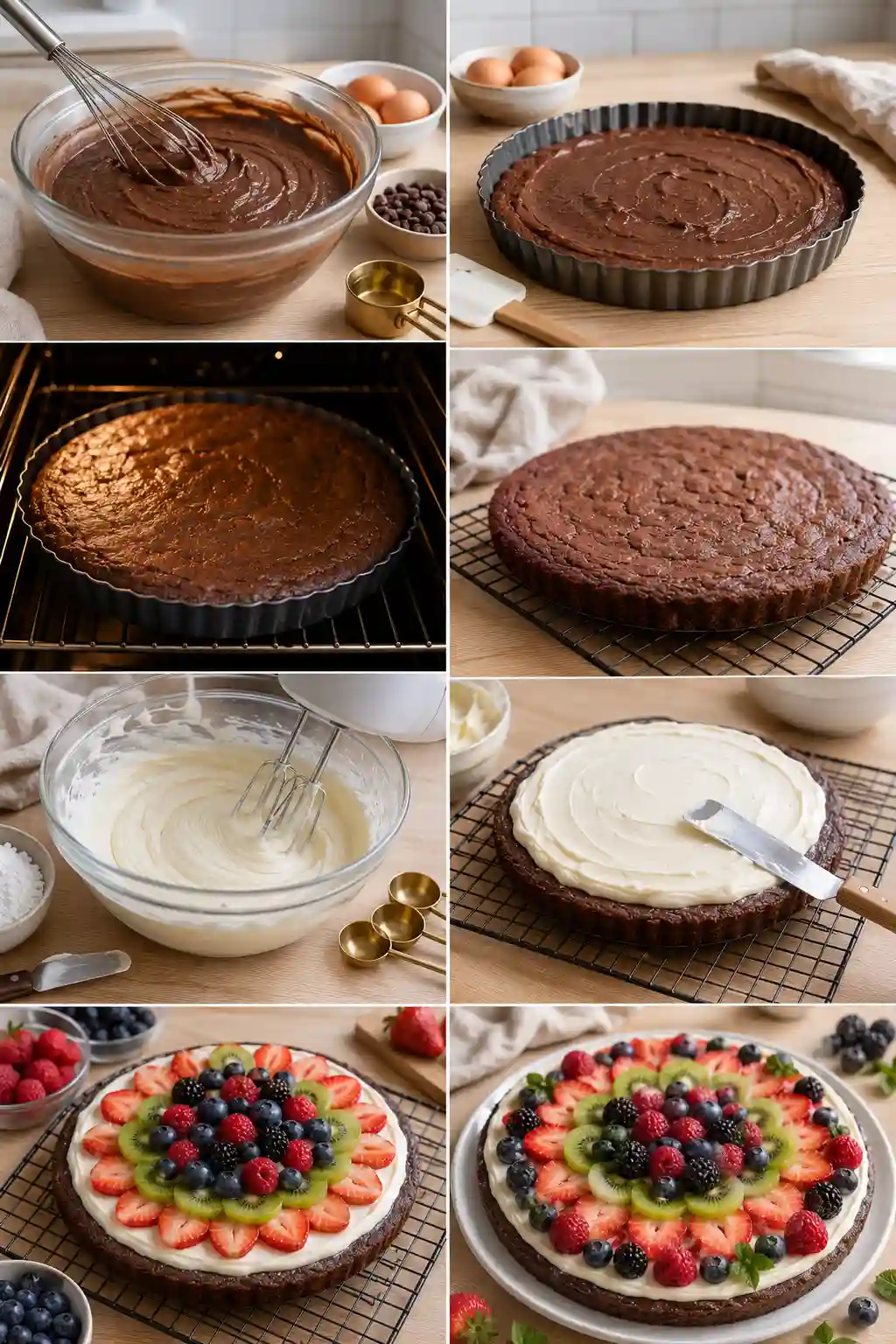 How to Make Brownie Fruit Pizza Recipe Step by Step Step by step guide showing how to make Brownie Fruit Pizza Recipe, from mixing the brownie batter to baking, frosting, and decorating with fresh fruit.