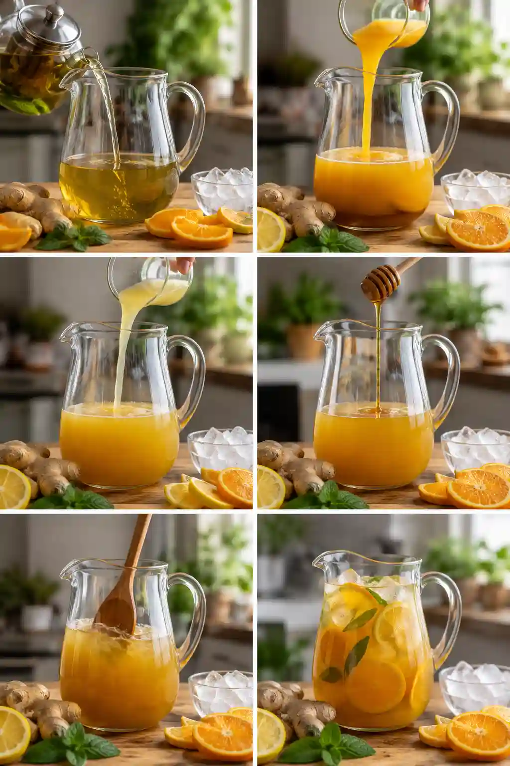 Step by step process of making Iced Orange Ginger Green Tea Recipe by combining brewed green tea, fresh orange juice, lemon juice, honey, and ice.