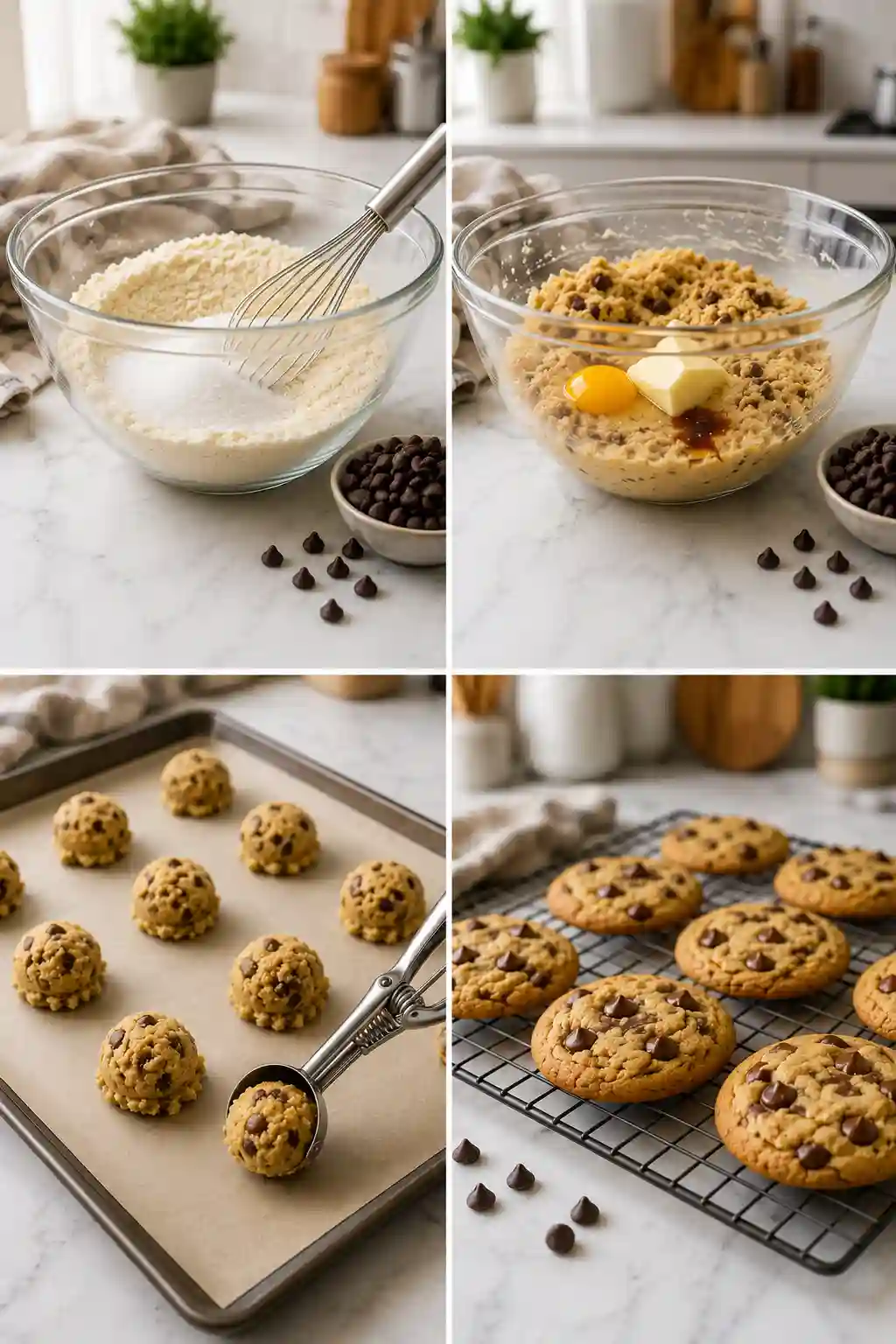 How to Make Monk Fruit Chocolate Chip Cookies Step by Step Step-by-step process for making Monk Fruit Chocolate Chip Cookies, from mixing almond flour and monk fruit sweetener to shaping the dough and cooling freshly baked cookies.