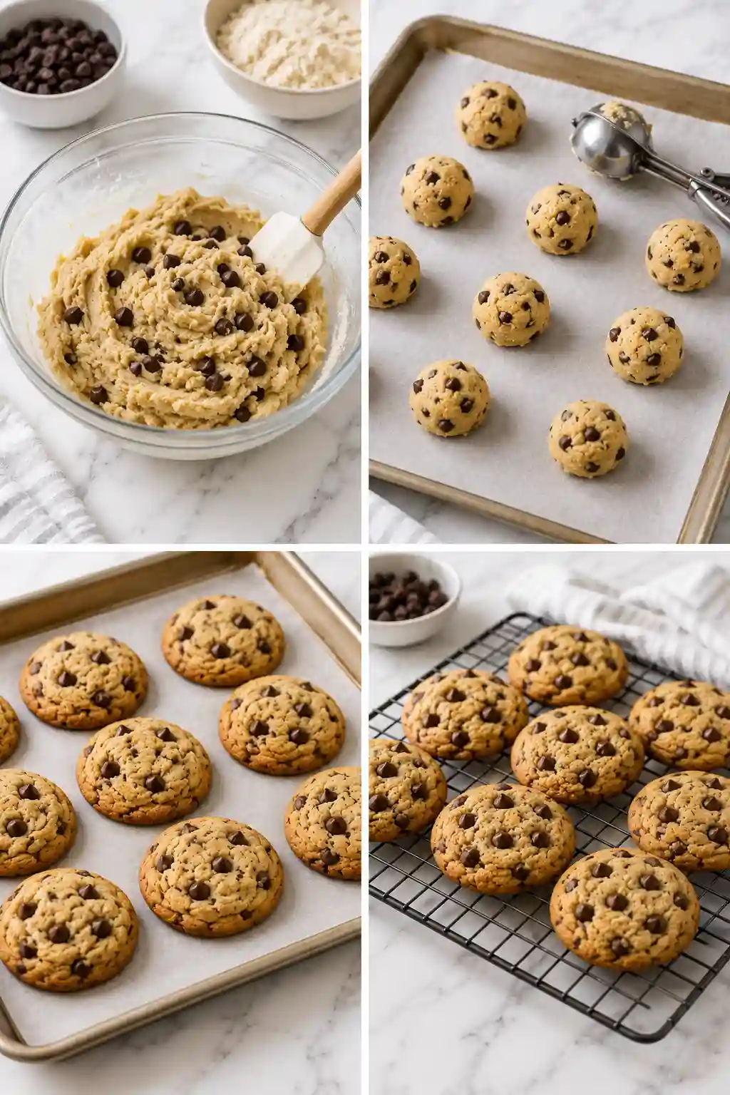 How to Make Monk Fruit Chocolate Chip Cookies Step-by-step process for making Monk Fruit Chocolate Chip Cookies, from mixing the dough and scooping cookies to baking and cooling them.