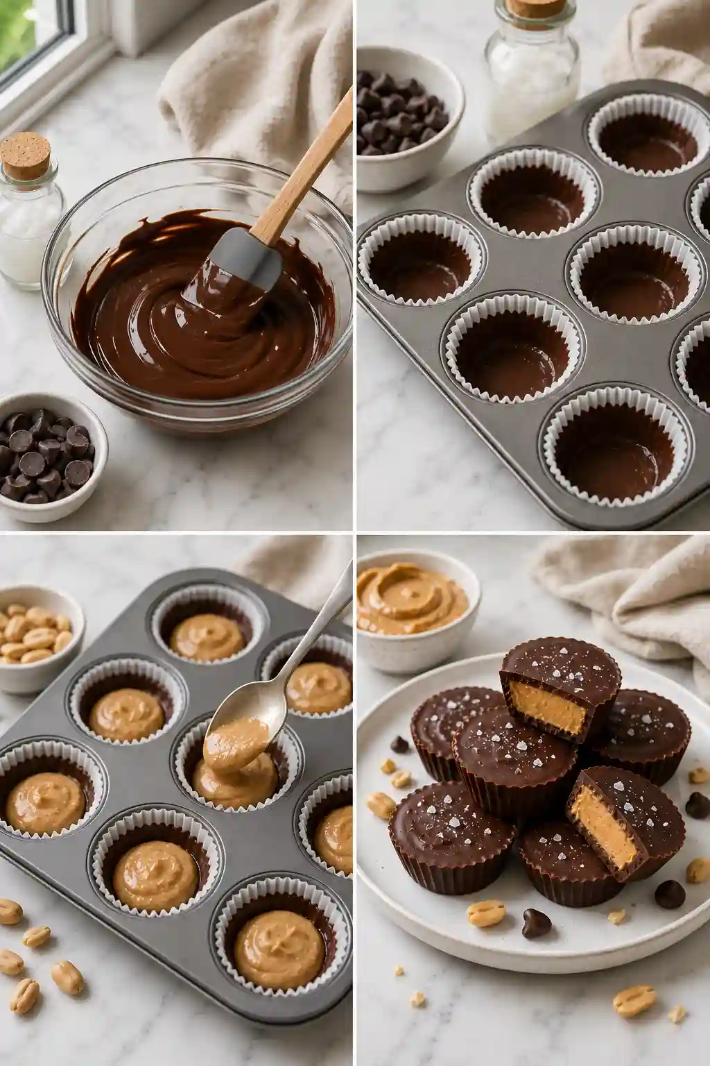 Step by step collage showing how to make Monk Fruit Peanut Butter Cups, from melting dark chocolate and preparing chocolate shells to filling them with peanut butter and serving the finished dessert.