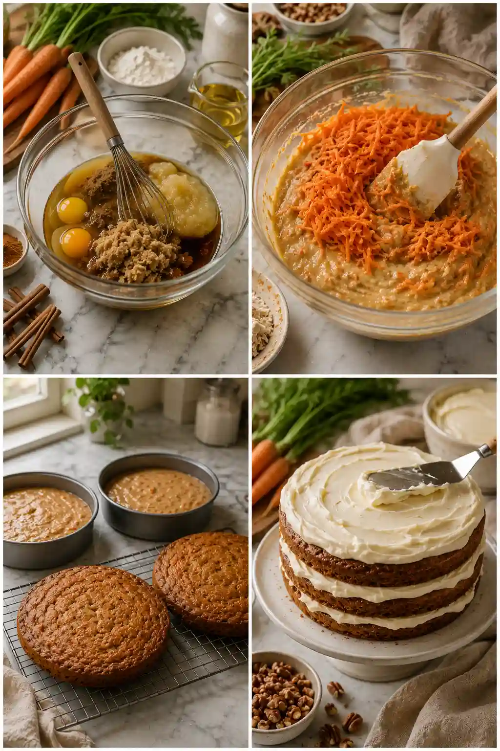 How to Make The Best Carrot Cake Recipe Step by Step Four step collage showing how to make the best carrot cake recipe from mixing the batter to frosting the finished cake.