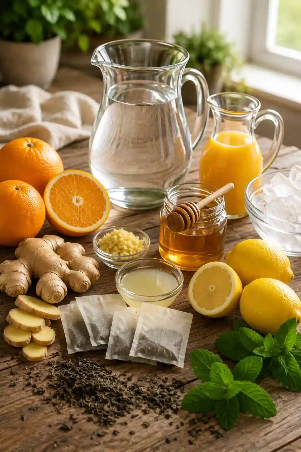 Fresh ingredients for Iced Orange Ginger Green Tea Recipe including green tea bags, fresh ginger, oranges, lemons, honey, mint, water, and ice.
