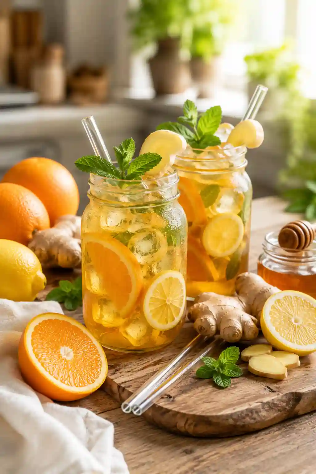 Two mason jars of Iced Orange Ginger Green Tea Recipe served over ice with fresh orange slices, lemon, ginger, mint, and honey.