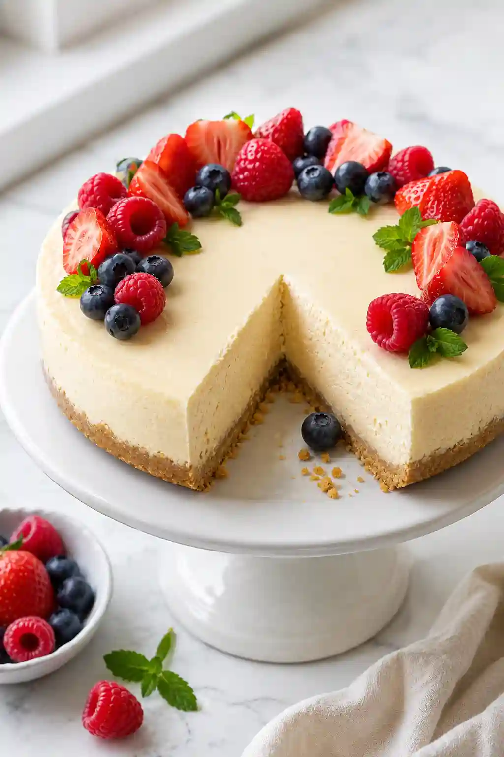Monk Fruit Cheesecake Creamy Monk Fruit Cheesecake topped with fresh strawberries, blueberries, raspberries, and mint on a white cake stand.