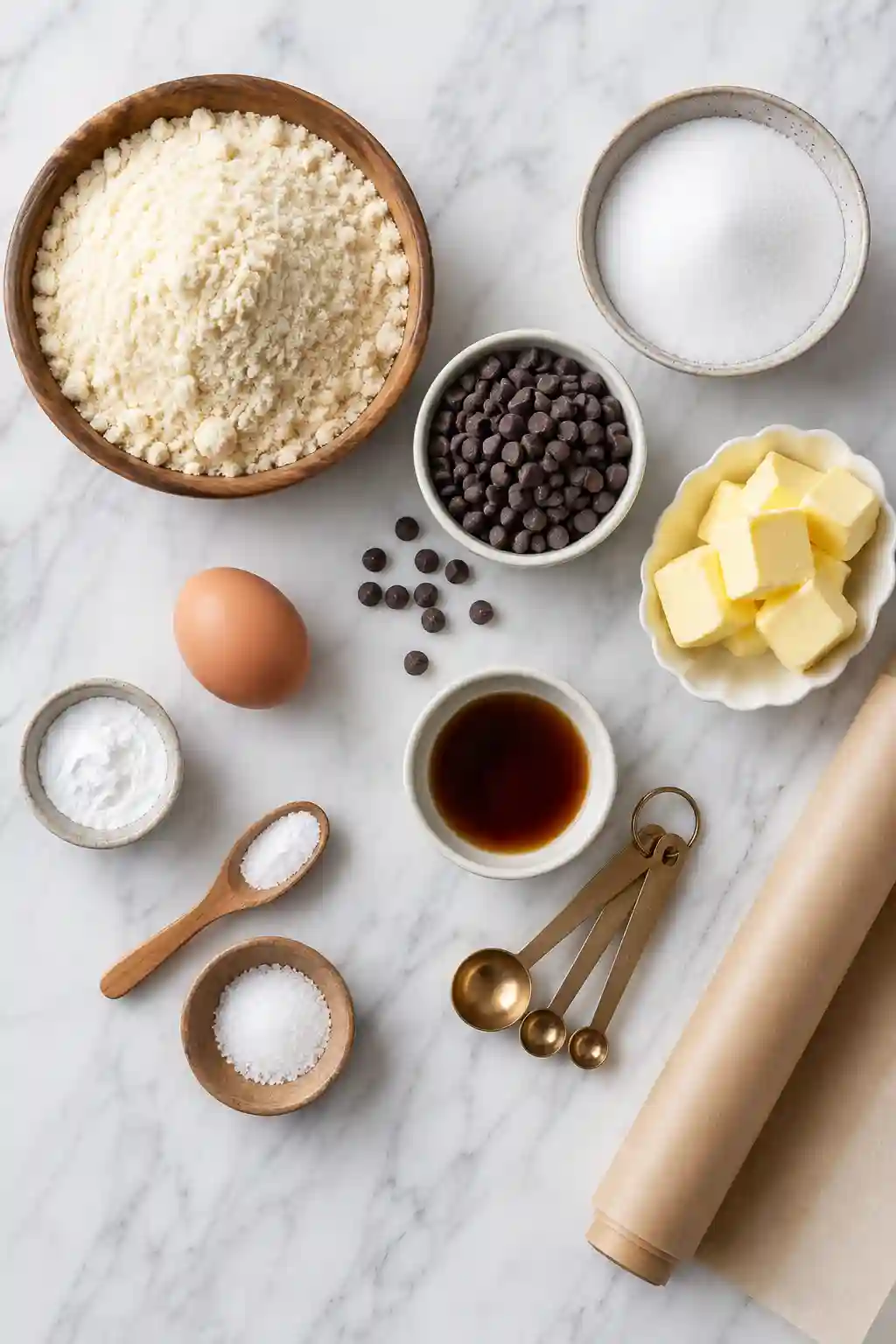 Ingredients for Monk Fruit Chocolate Chip Cookies Ingredients for Monk Fruit Chocolate Chip Cookies including almond flour, monk fruit sweetener, sugar-free chocolate chips, butter, egg, vanilla extract, baking soda, salt, and parchment paper.