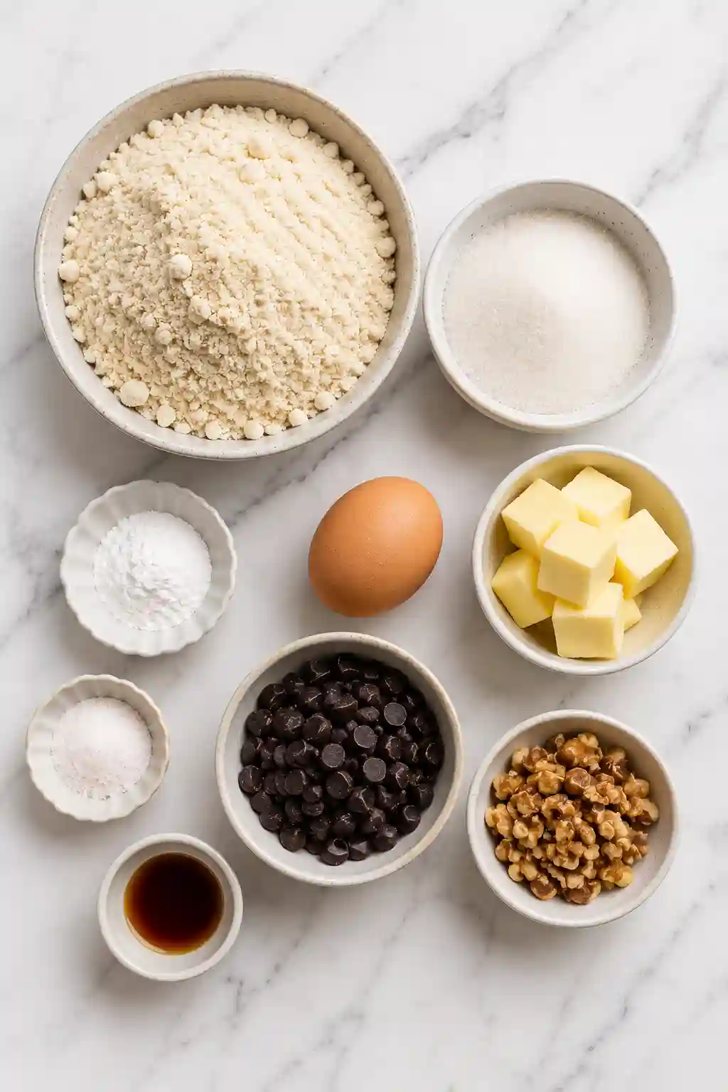 Monk Fruit Chocolate Chip Cookies Ingredients Ingredients for Monk Fruit Chocolate Chip Cookies including almond flour, monk fruit sweetener, butter, egg, vanilla extract, sugar-free chocolate chips, walnuts, baking powder, and salt.