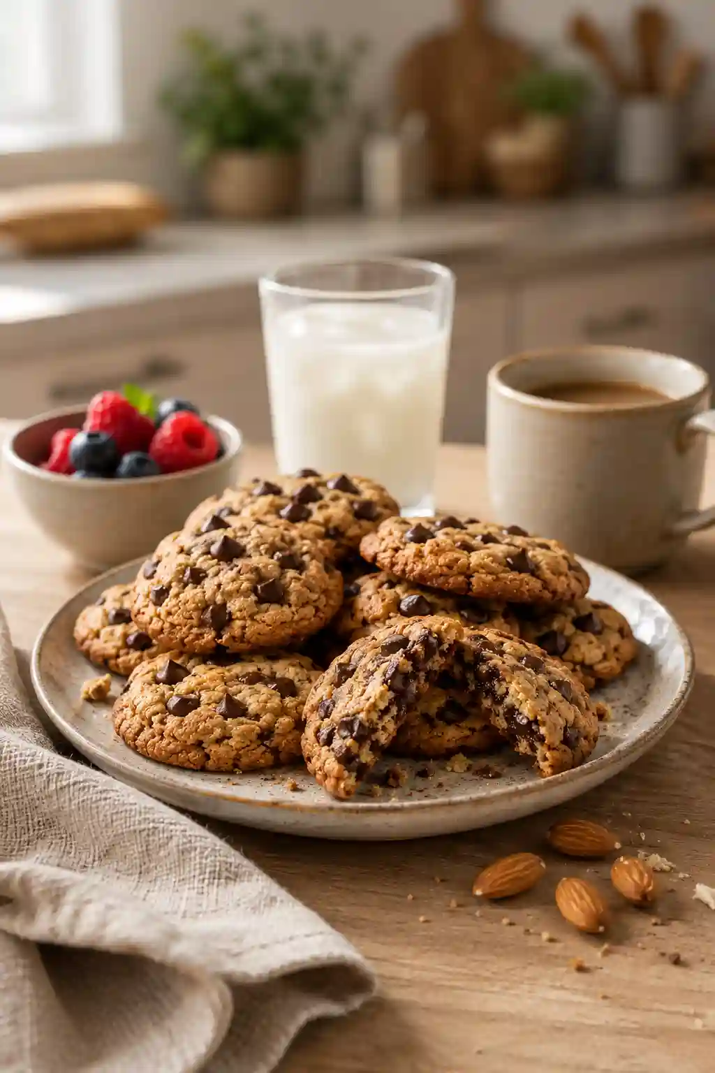 Serving Monk Fruit Chocolate Chip Cookies Monk Fruit Chocolate Chip Cookies served with coffee, milk, and fresh berries for a healthy gluten-free dessert.