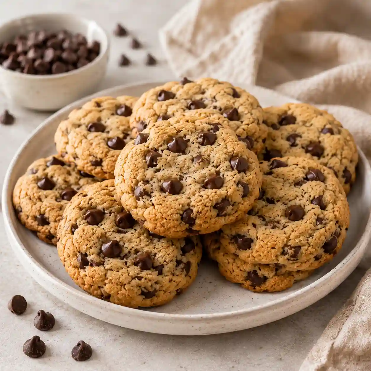 Monk Fruit Chocolate Chip Cookies Soft and chewy monk fruit chocolate chip cookies made with almond flour and sugar-free chocolate chips on a ceramic plate.
