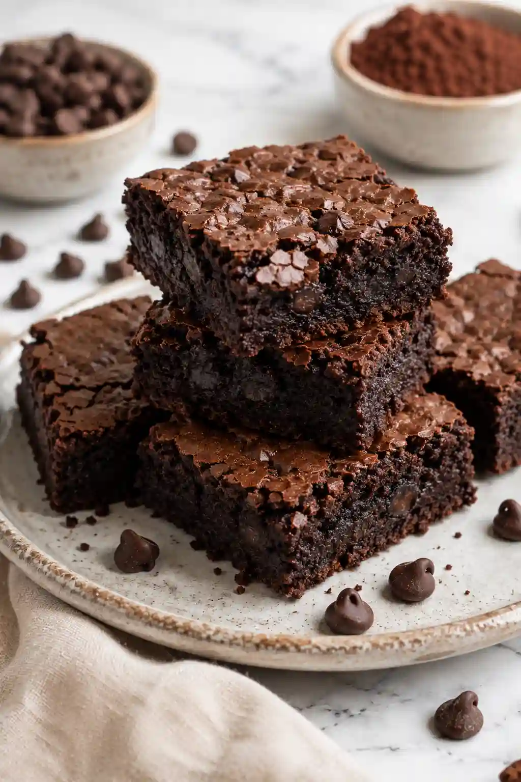 Monk Fruit Keto Brownies Rich and fudgy Monk Fruit Keto Brownies made with monk fruit sweetener and sugar-free chocolate chips on a ceramic plate.
