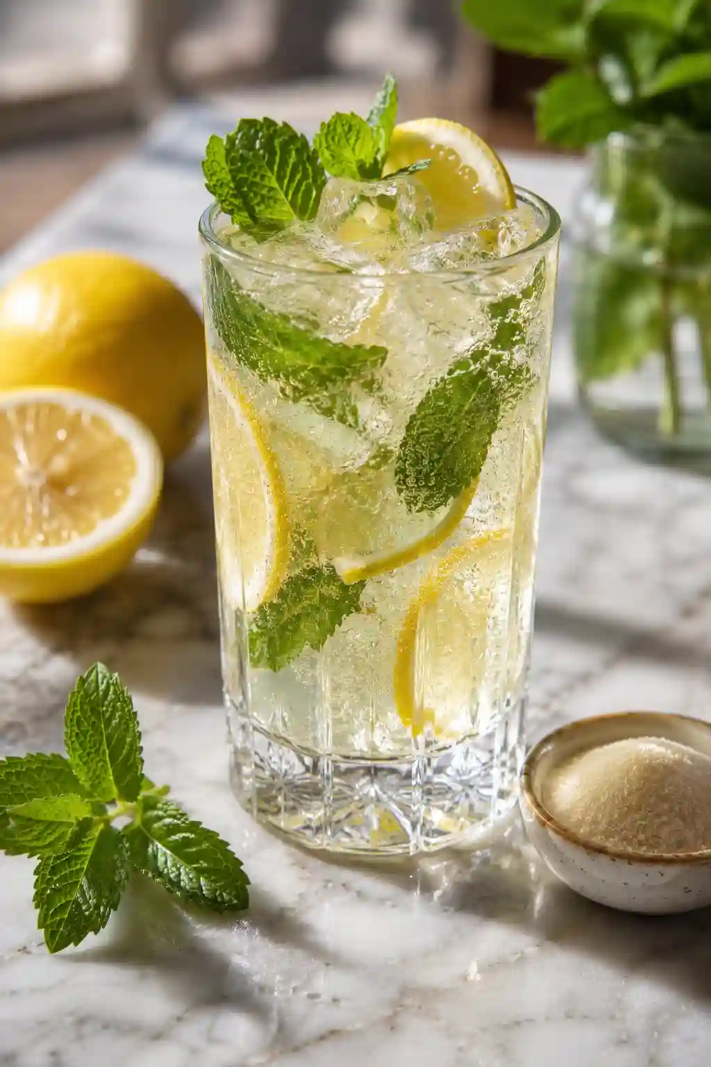 Monk Fruit Lemonade Refreshing Monk Fruit Lemonade with fresh lemon slices, mint leaves, and ice cubes in a tall glass, naturally sweetened without refined sugar.