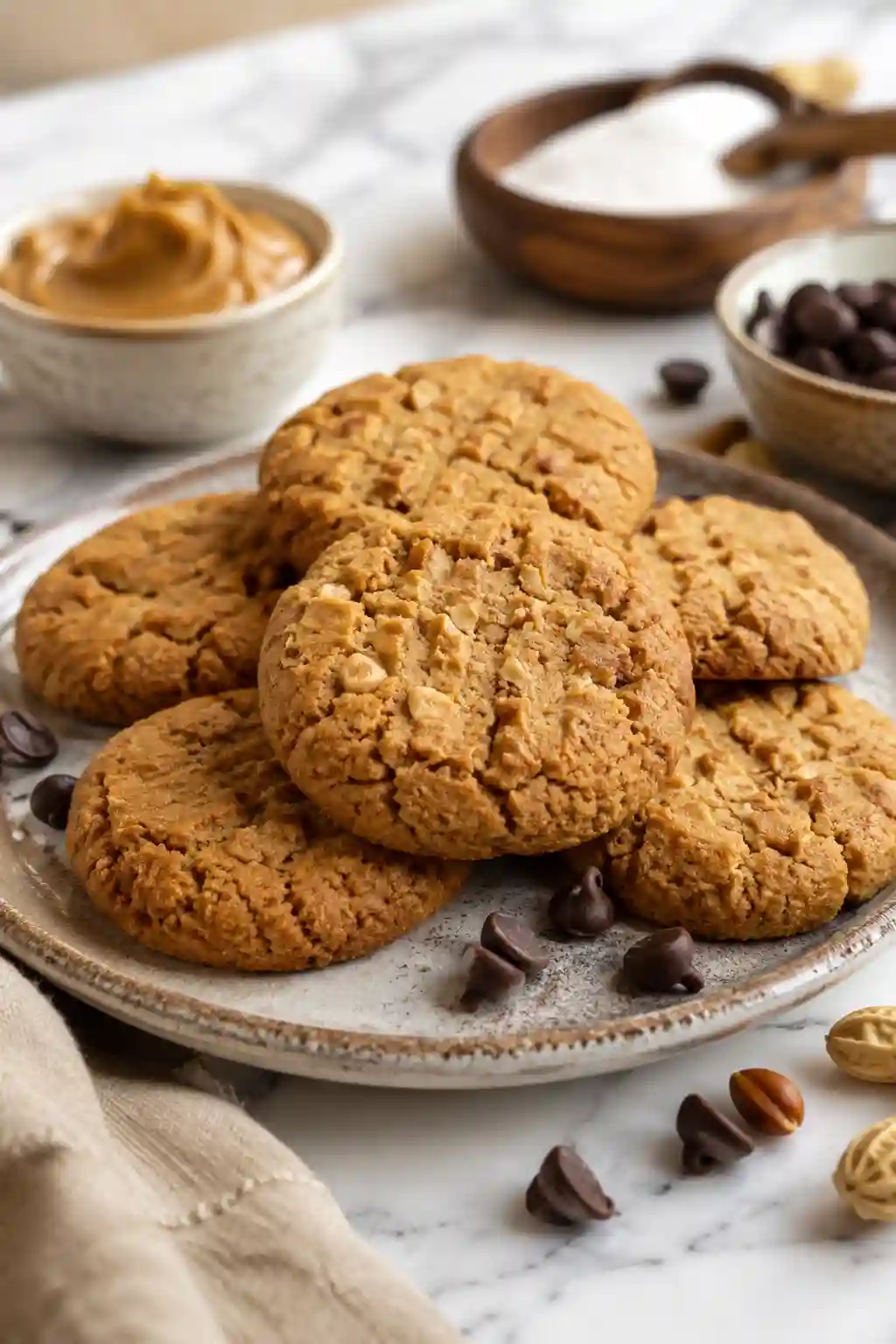 Monk Fruit Peanut Butter Cookies Soft and chewy Monk Fruit Peanut Butter Cookies made with natural peanut butter and monk fruit sweetener, served on a ceramic plate.