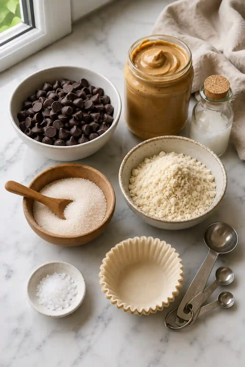 Ingredients for Monk Fruit Peanut Butter Cups including sugar free dark chocolate chips, natural peanut butter, monk fruit sweetener, almond flour, coconut oil, sea salt, and paper liners.