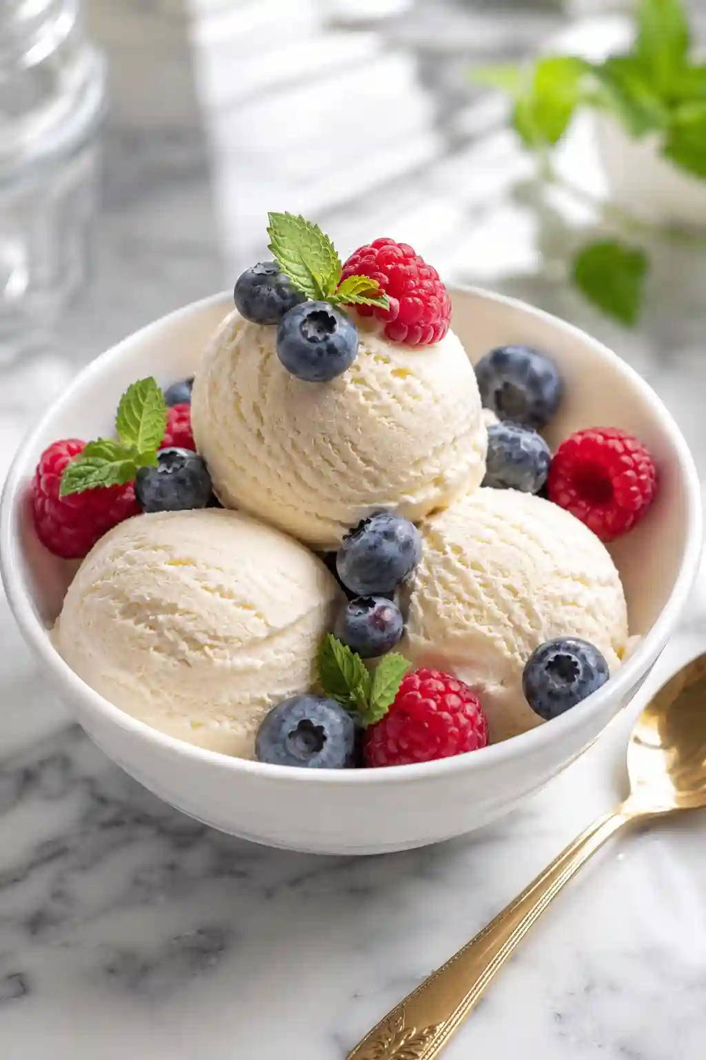 Monk Fruit Vanilla Ice Cream Creamy Monk Fruit Vanilla Ice Cream served with fresh blueberries, raspberries, and mint in a white bowl.