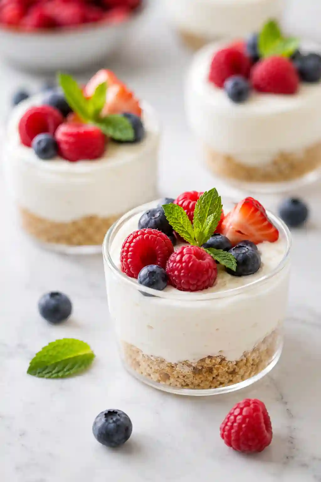 No Bake Monk Fruit Cheesecake Individual No Bake Monk Fruit Cheesecake cups topped with fresh strawberries, raspberries, blueberries, and mint.