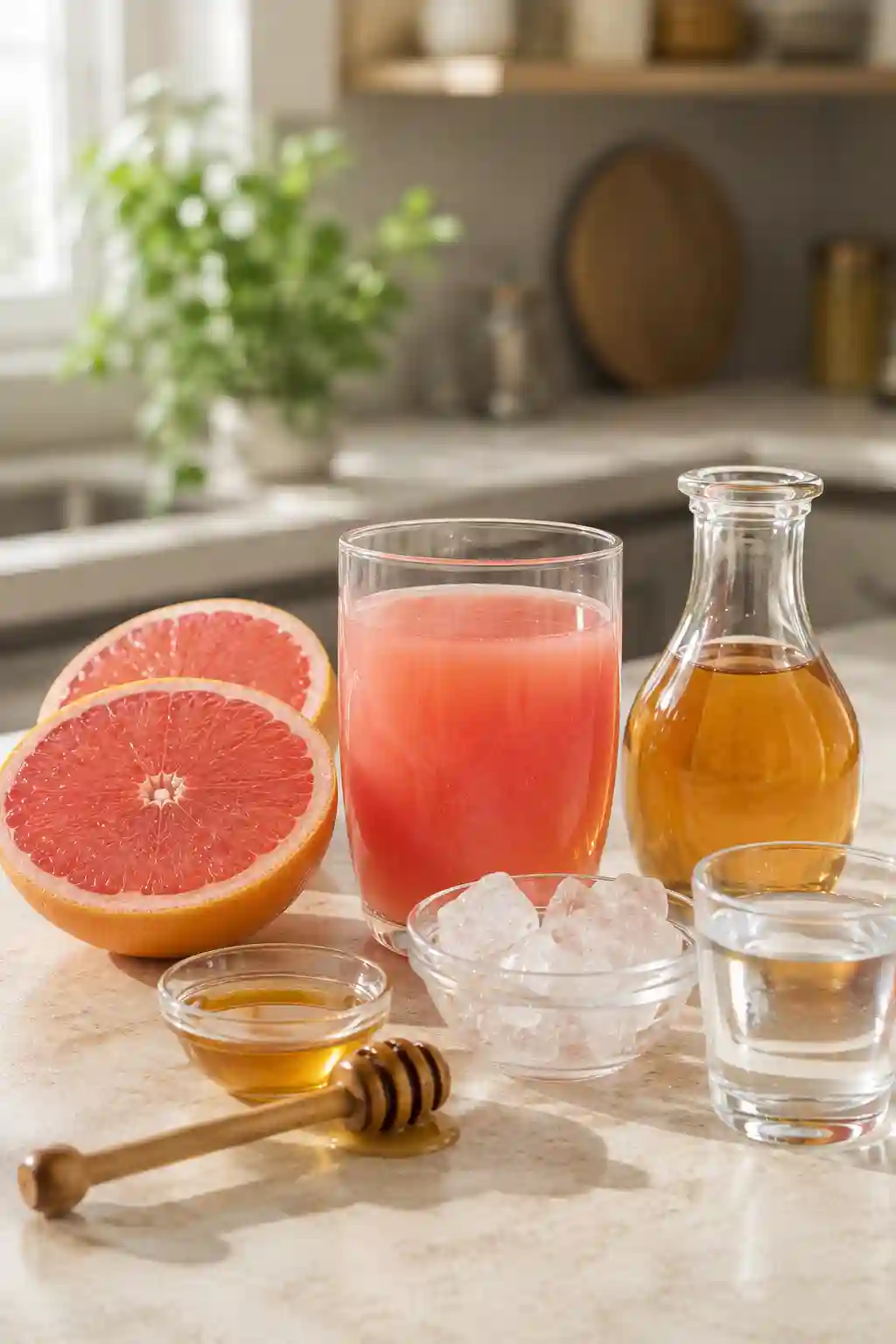 Dr. Oz Weight Loss Drink ingredients with grapefruit juice, apple cider vinegar, honey, ice and water