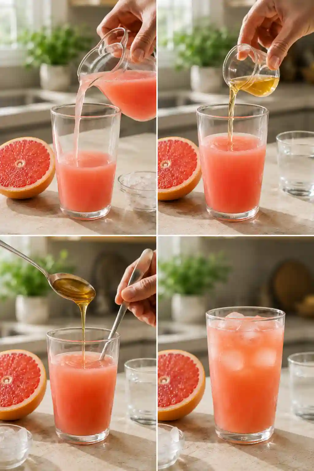 Four steps for making the Dr. Oz Weight Loss Drink with grapefruit juice, apple cider vinegar, honey and ice