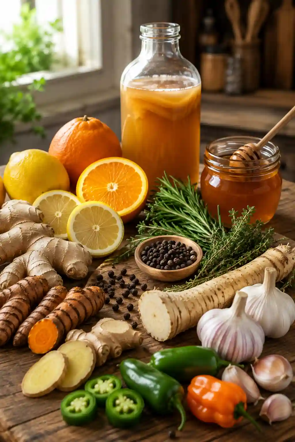 Fire Cider Recipe for Immune Support Ingredients Fire Cider Recipe for Immune Support ingredients with ginger, turmeric, horseradish, garlic, citrus, peppers, herbs, black pepper, and honey.