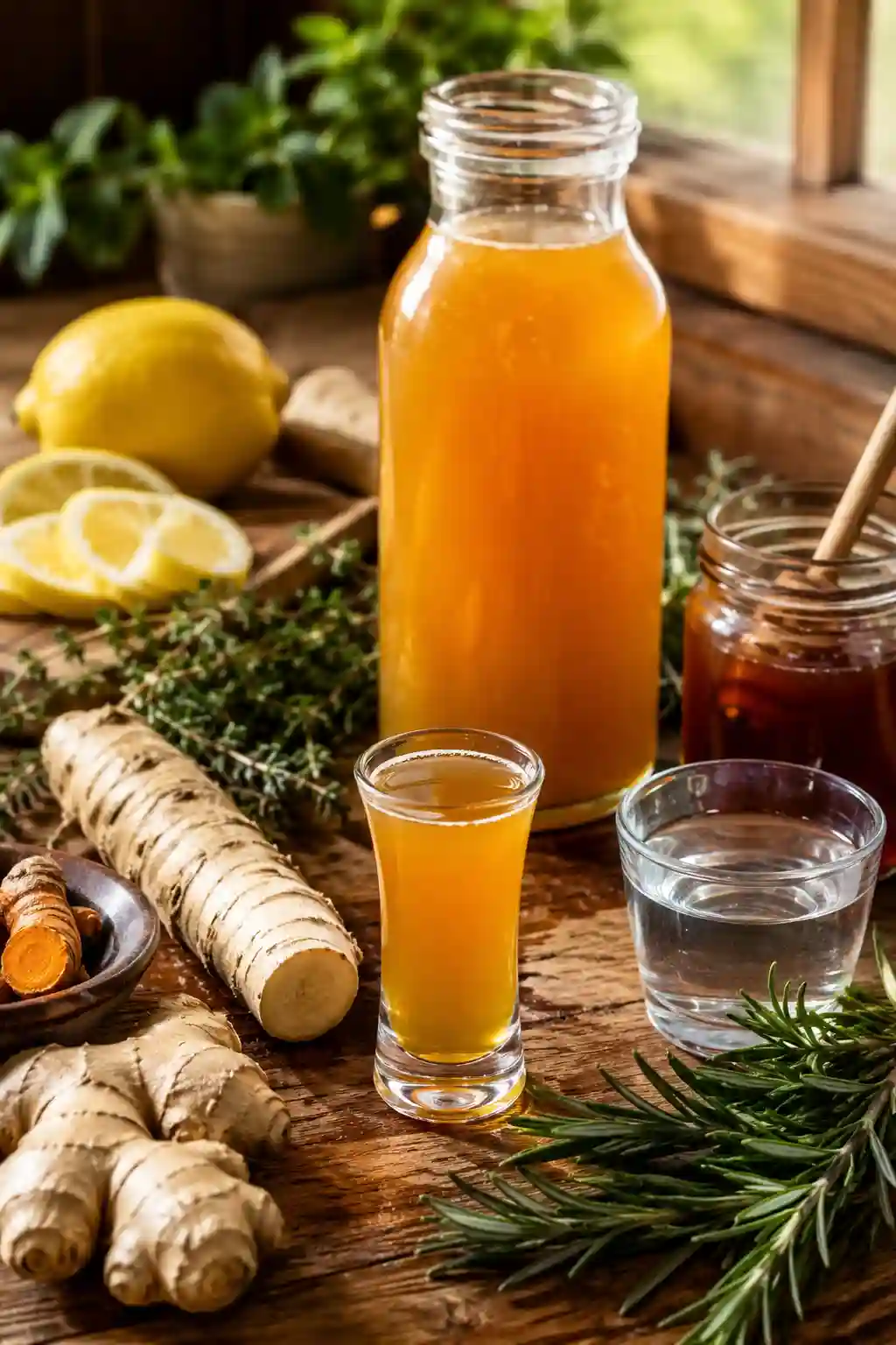 Fire Cider Recipe for Immune Support Serving Fire Cider Recipe for Immune Support served in a small glass with ginger, horseradish, turmeric, lemon, herbs, honey, and water.