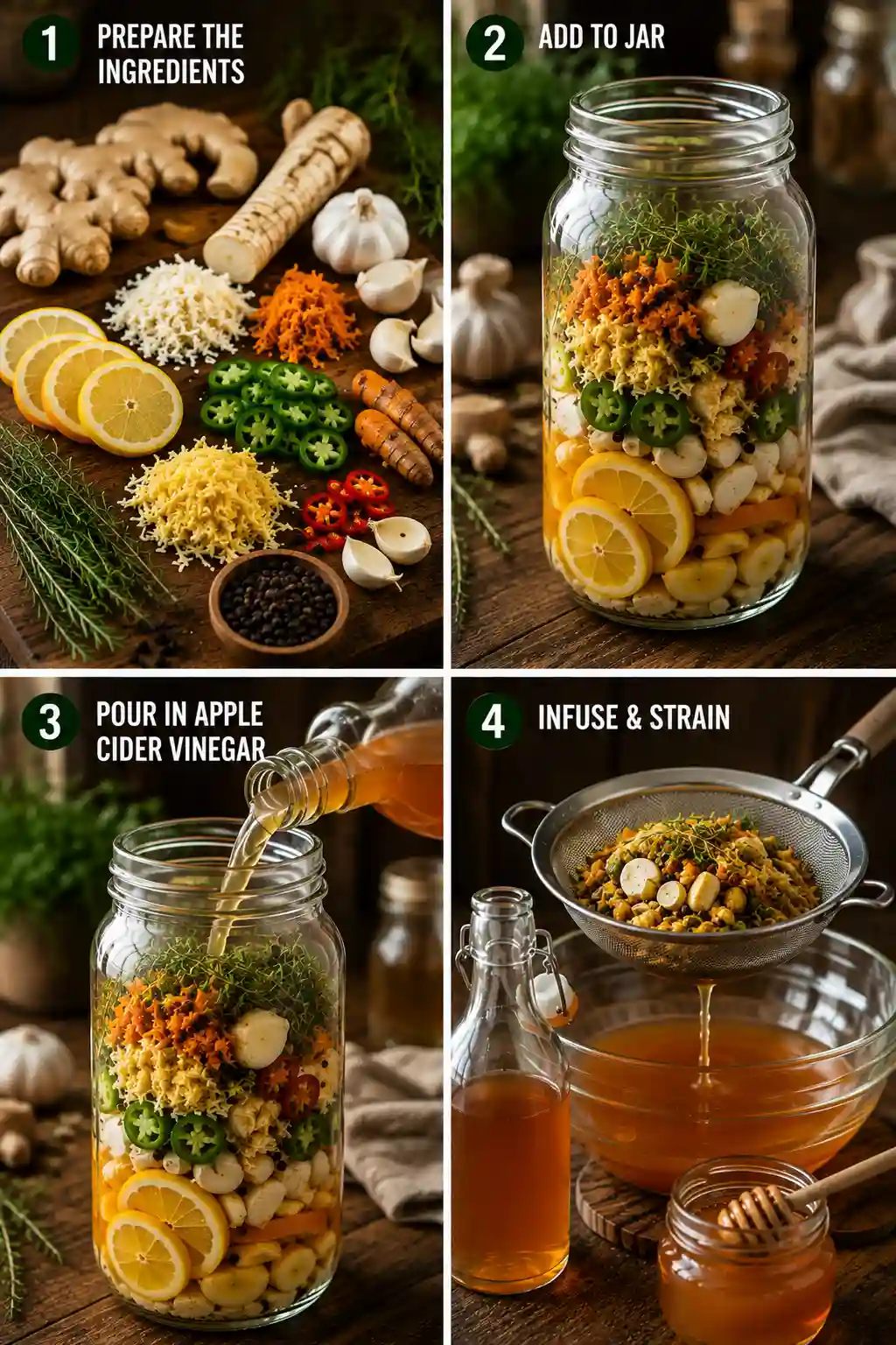 Fire Cider Recipe Step-by-Step Instructions Fire Cider Recipe for Immune Support step-by-step process showing ingredient prep, filling the jar, adding apple cider vinegar, and straining.