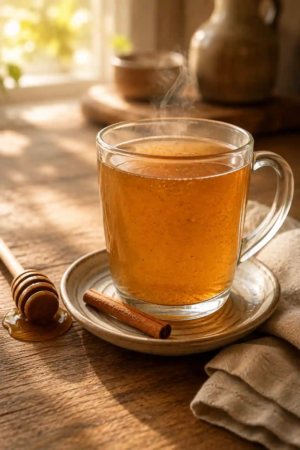 Warm Honey and Cinnamon Recipe for Brain Health served with a cinnamon stick and honey