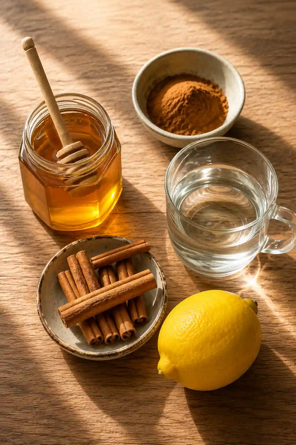 Ingredients for Honey and Cinnamon Recipe for Brain Health with honey, Ceylon cinnamon, warm water, and lemon