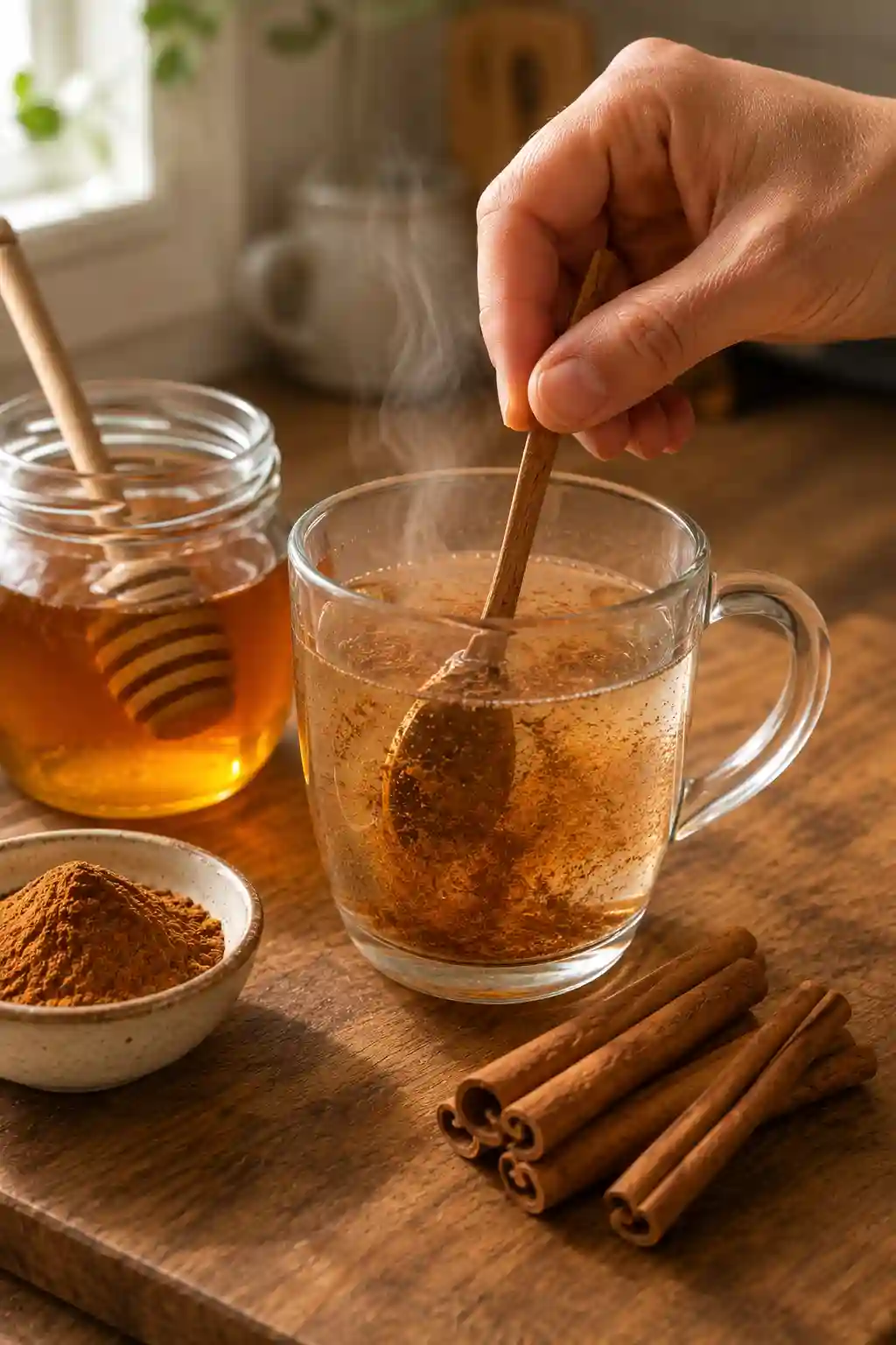 Stirring cinnamon into warm water for a Honey and Cinnamon Recipe for Brain Health