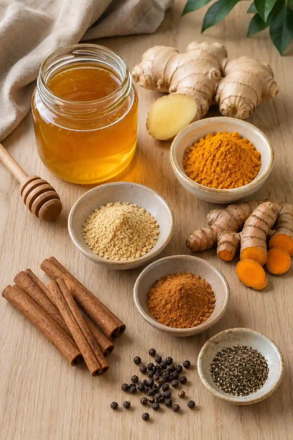 Neuro Honey Blend ingredients with honey, turmeric, ginger, cinnamon and black pepper